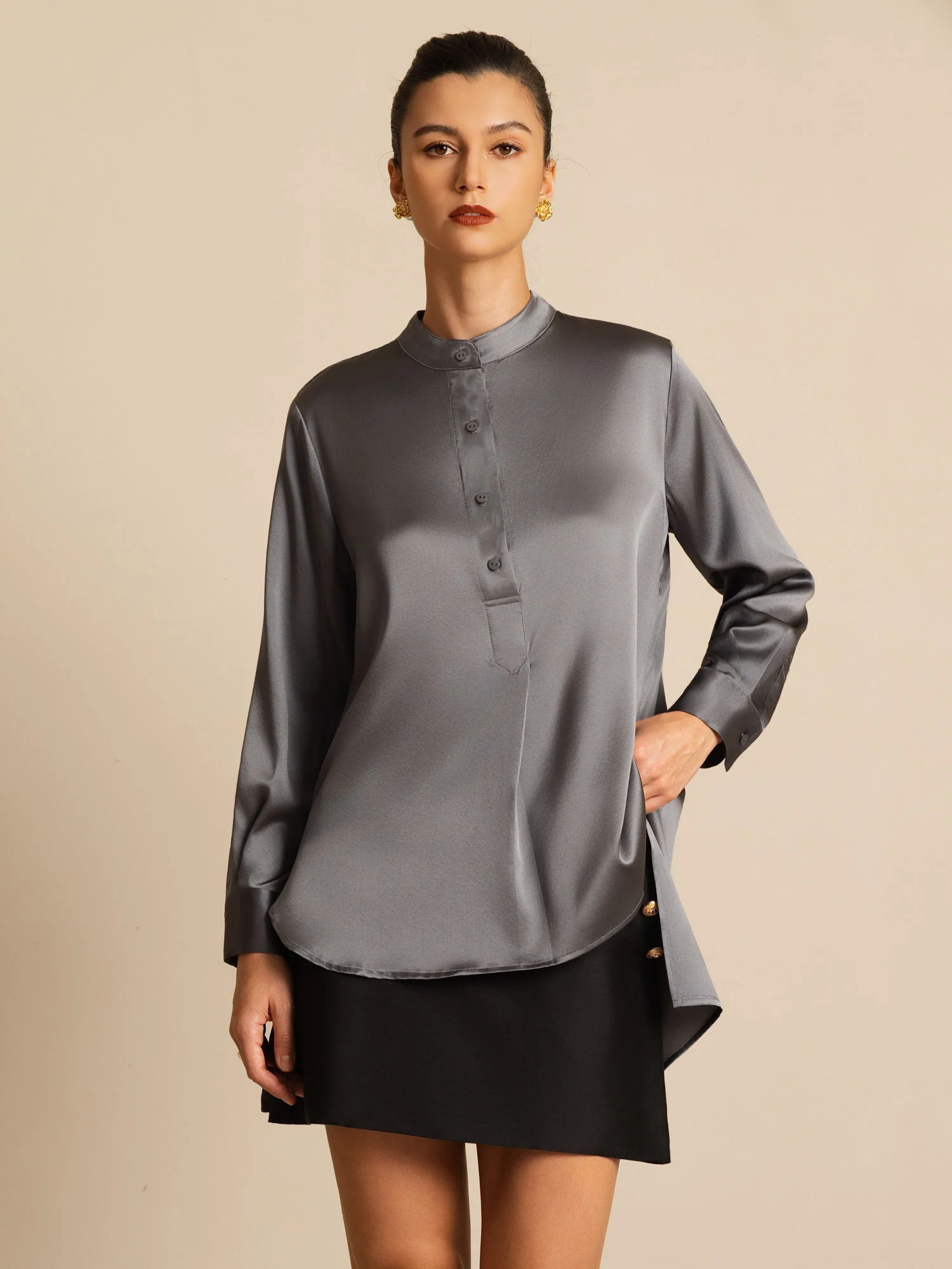 19Momme Silk Women’s  Stand Collar High-Low Blouse With Button Detail - Image 23