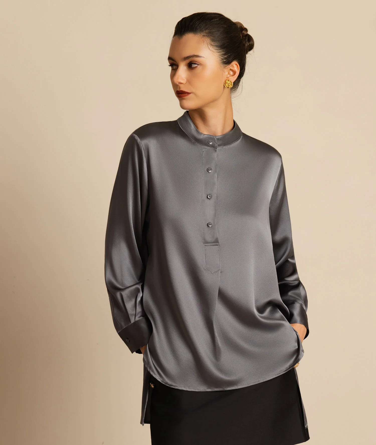19Momme Silk Women’s  Stand Collar High-Low Blouse With Button Detail - Image 25