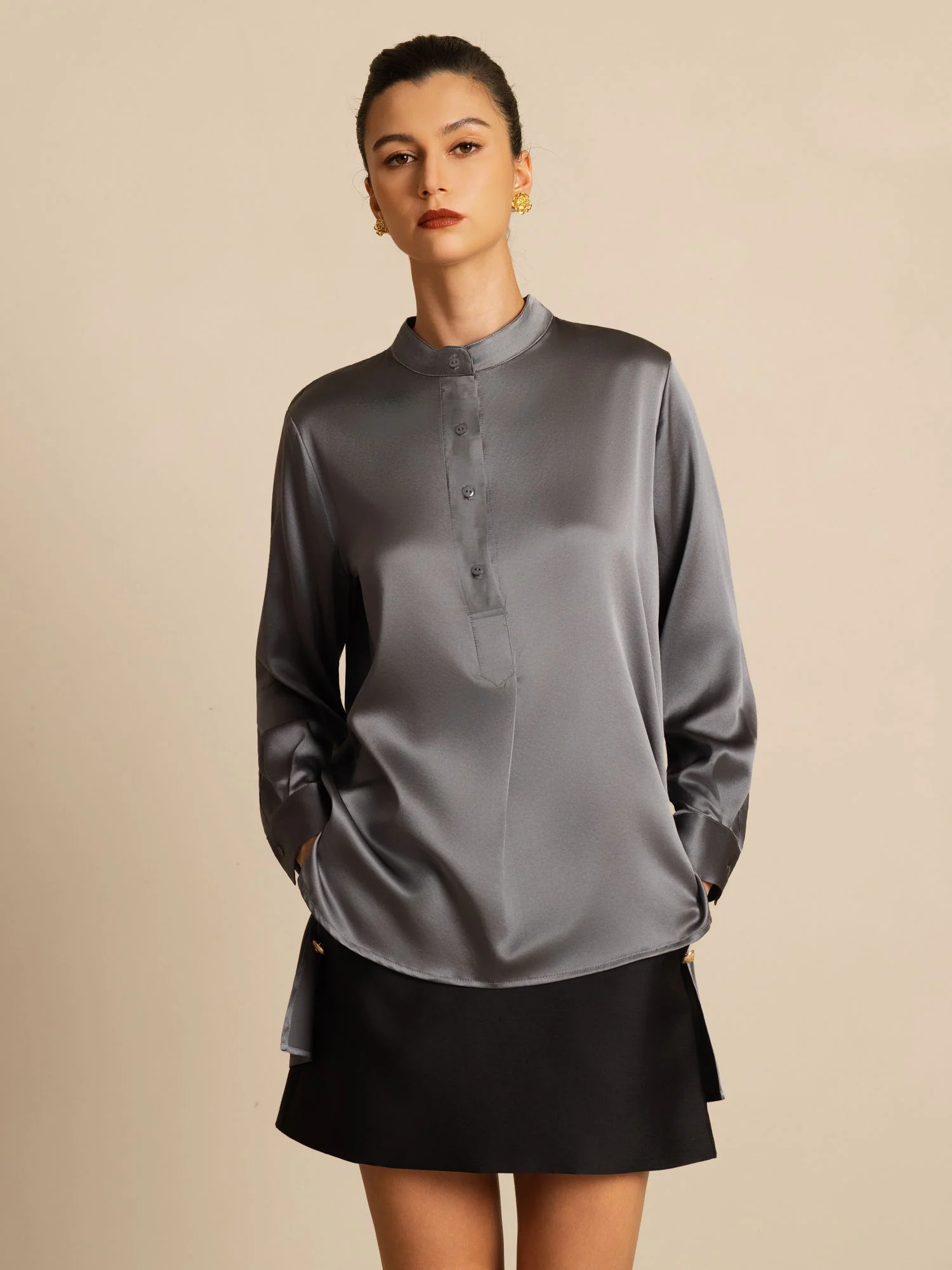 19Momme Silk Women’s  Stand Collar High-Low Blouse With Button Detail - Image 26