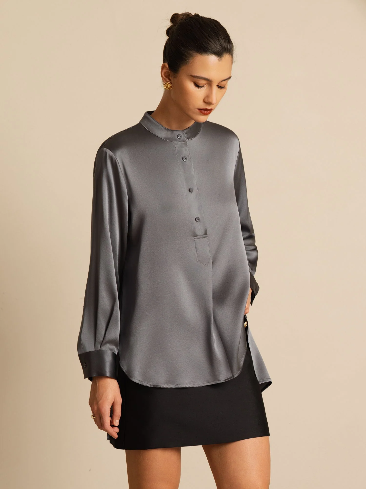 19Momme Silk Women’s  Stand Collar High-Low Blouse With Button Detail - Image 27