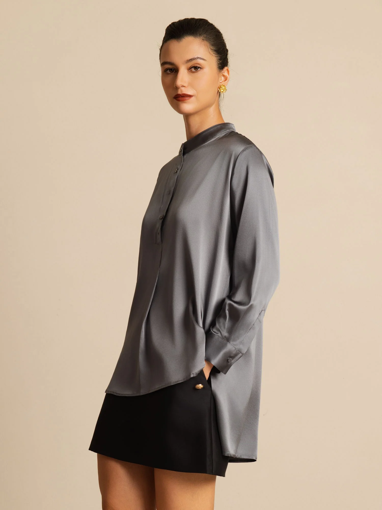 19Momme Silk Women’s  Stand Collar High-Low Blouse With Button Detail - Image 28
