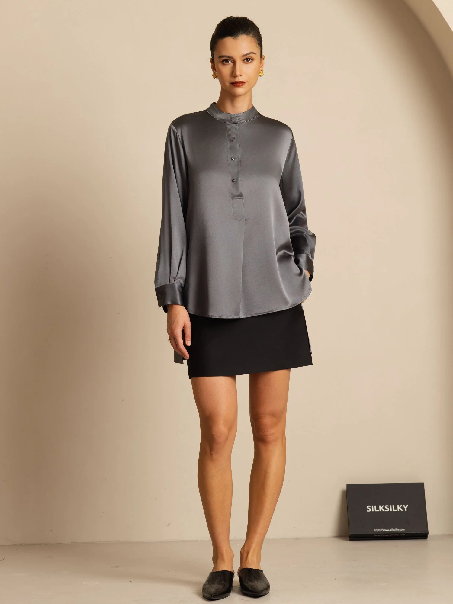 19Momme Silk Women’s  Stand Collar High-Low Blouse With Button Detail - Image 31