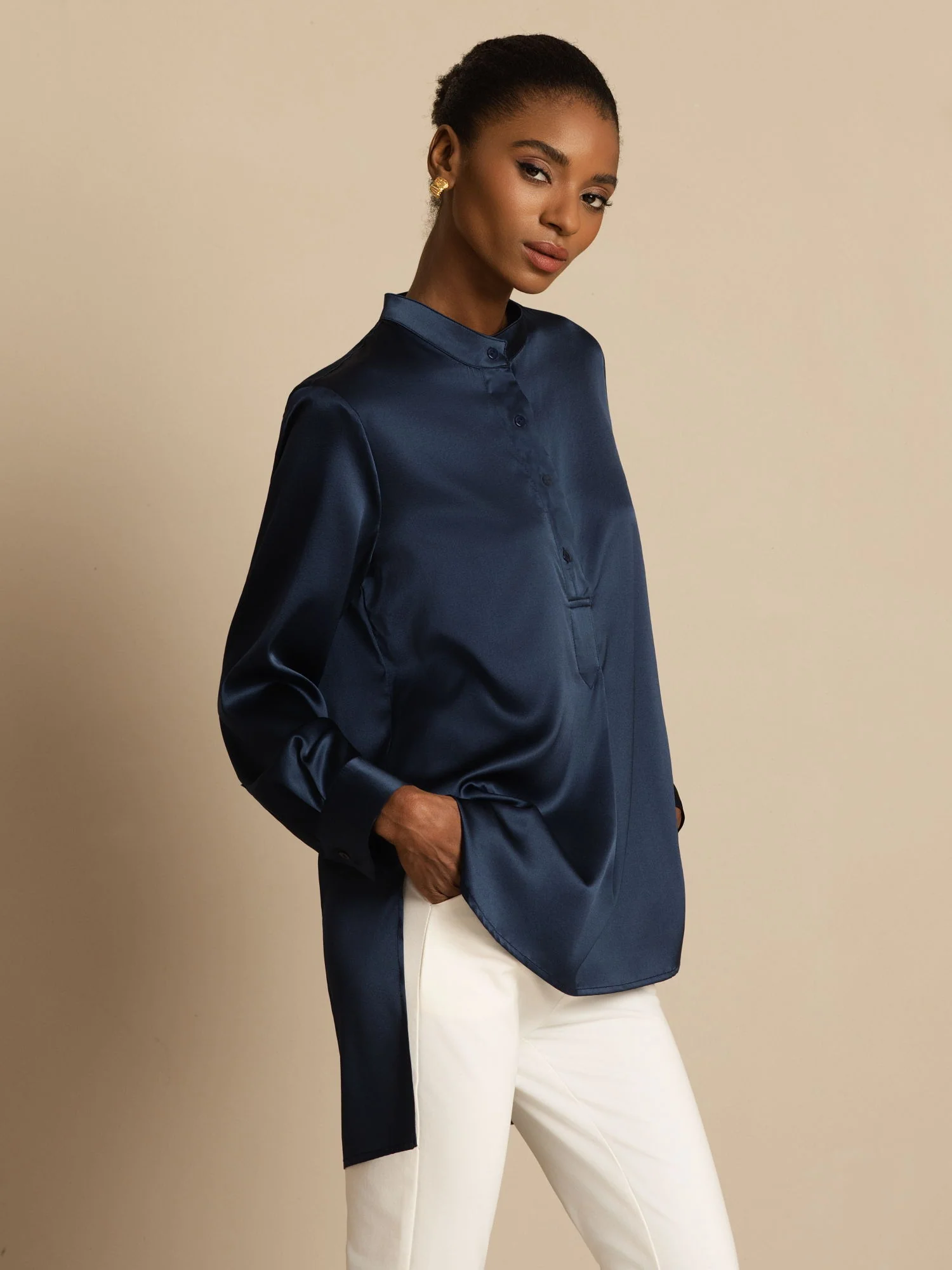19Momme Silk Women’s  Stand Collar High-Low Blouse With Button Detail - Image 5
