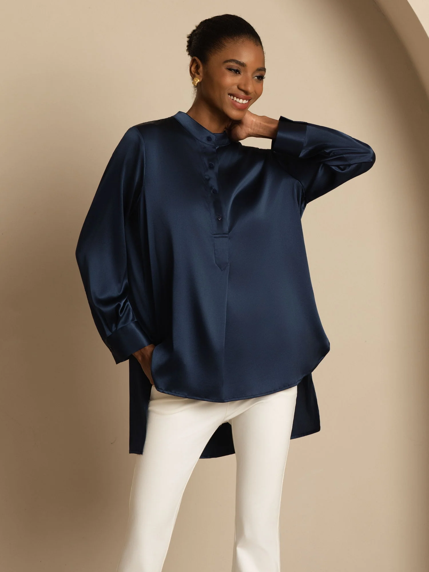 19Momme Silk Women’s  Stand Collar High-Low Blouse With Button Detail - Image 6