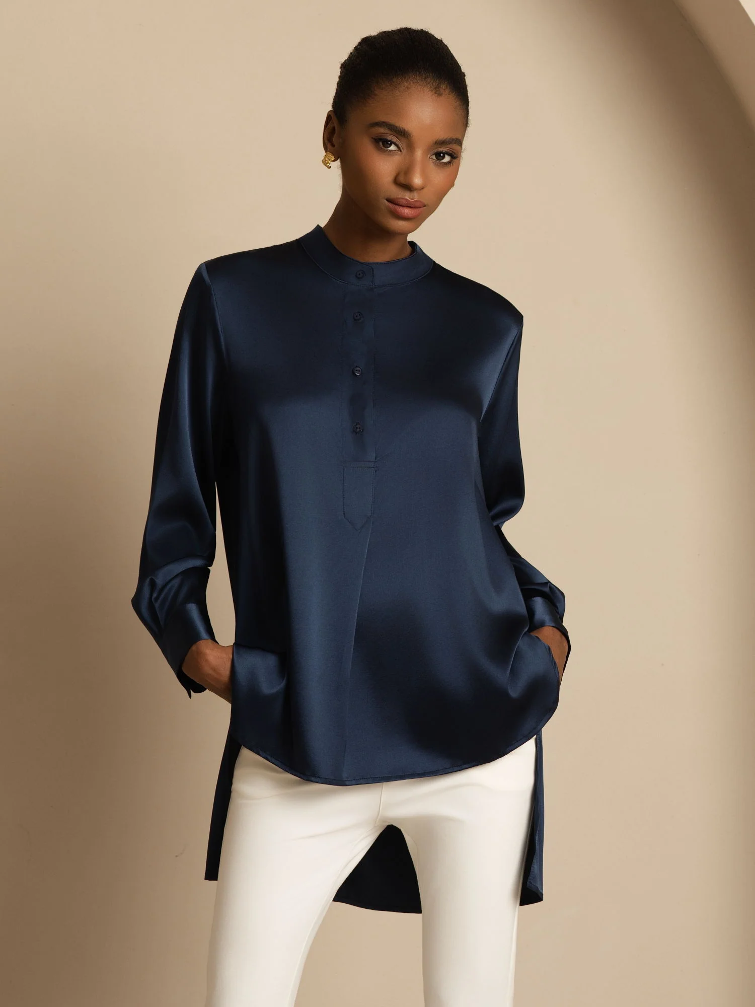 19Momme Silk Women’s  Stand Collar High-Low Blouse With Button Detail - Image 7