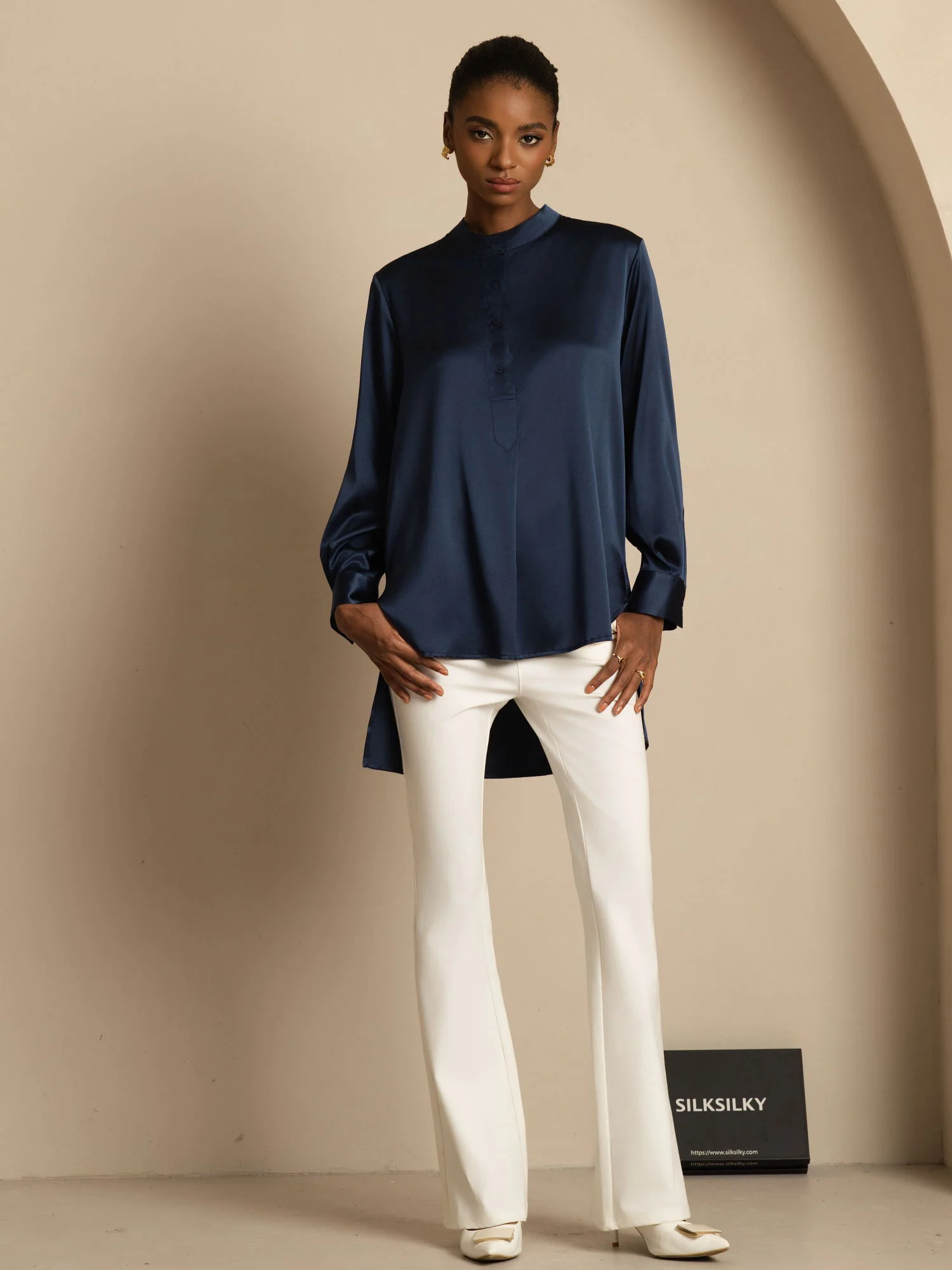 19Momme Silk Women’s  Stand Collar High-Low Blouse With Button Detail - Image 8