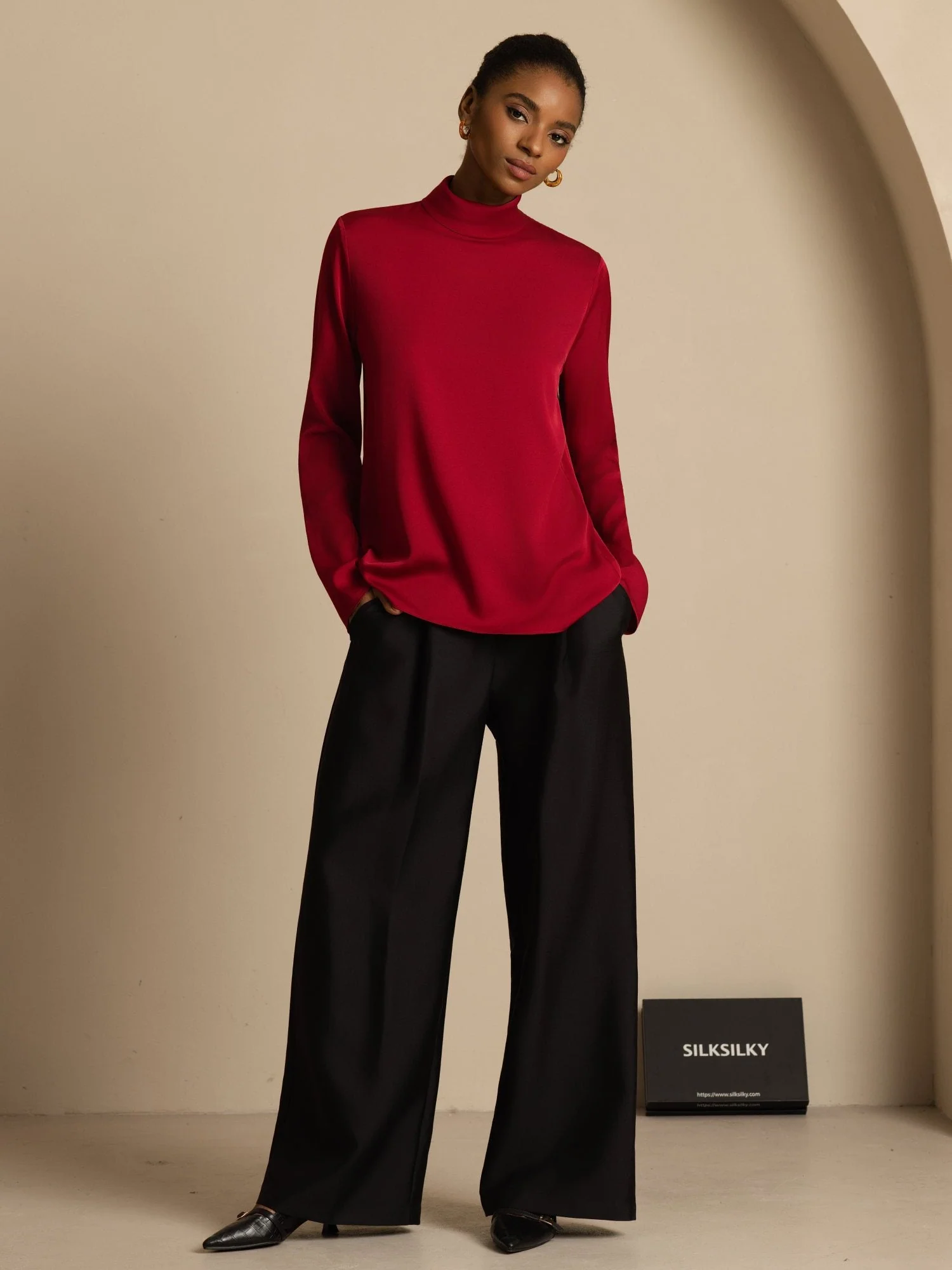 19Momme Silk Women's Turtle Neck Long Sleeve Top