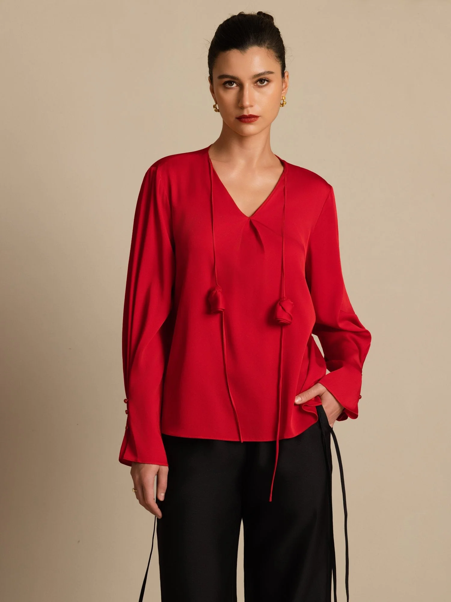 19Momme Silk Women's V Neck Long Sleeve Blouse With 3D Rose Detail - Image 19