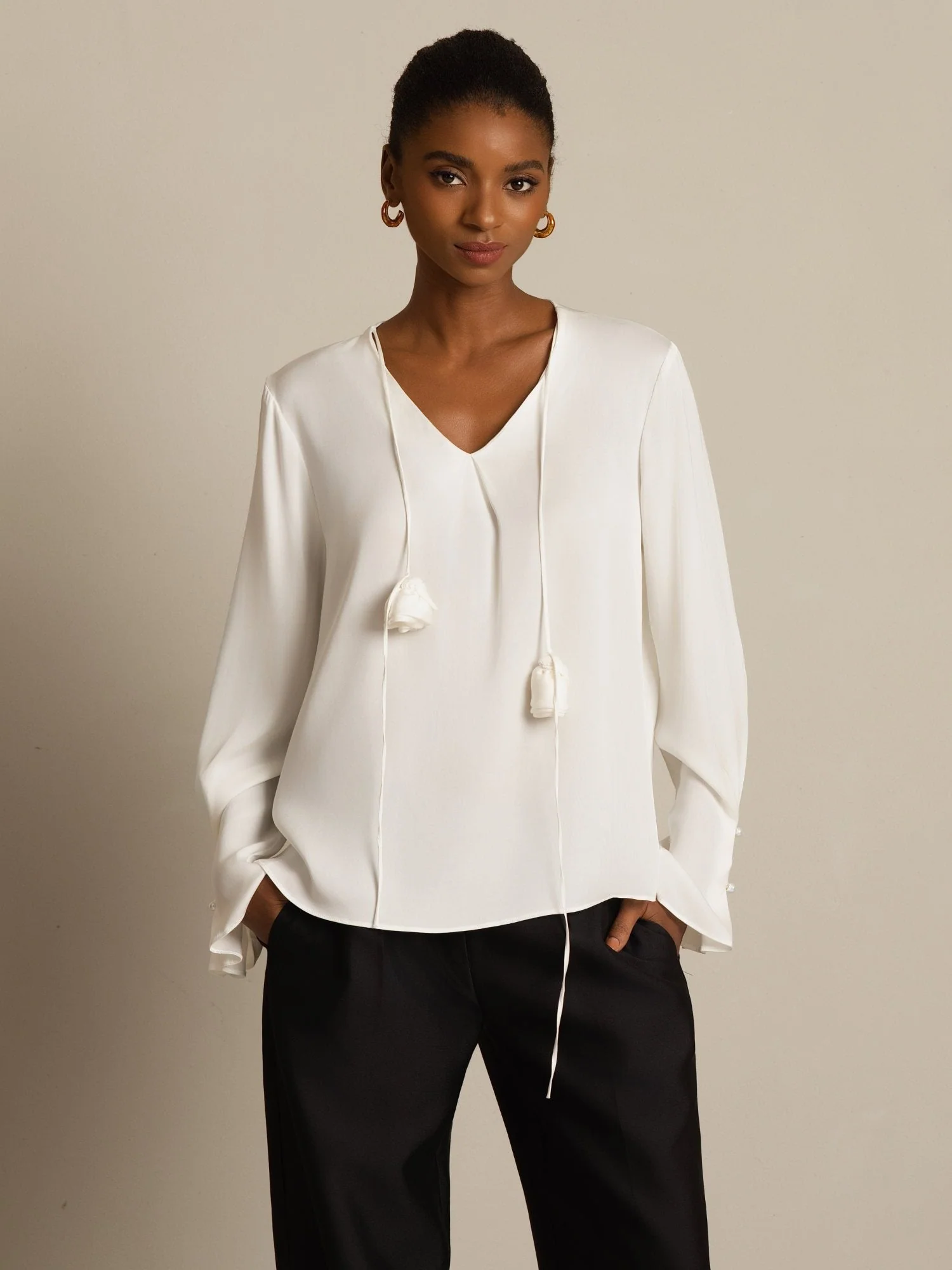 19Momme Silk Women's V Neck Long Sleeve Blouse With 3D Rose Detail - Image 3