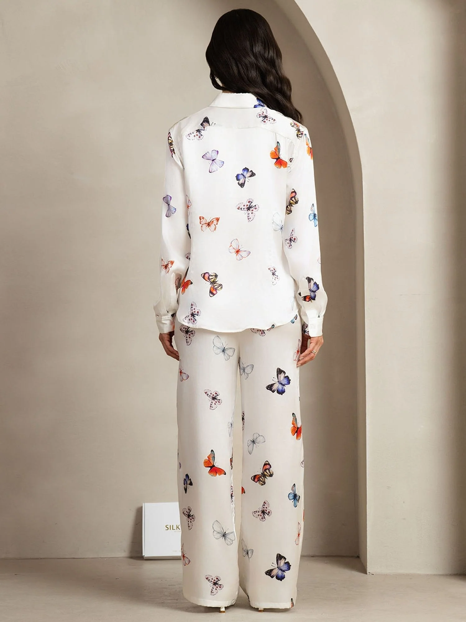 19Momme Women's Silk White Butterfly Print Button-Up Shirt & Wide-Leg Pants Set - Image 2