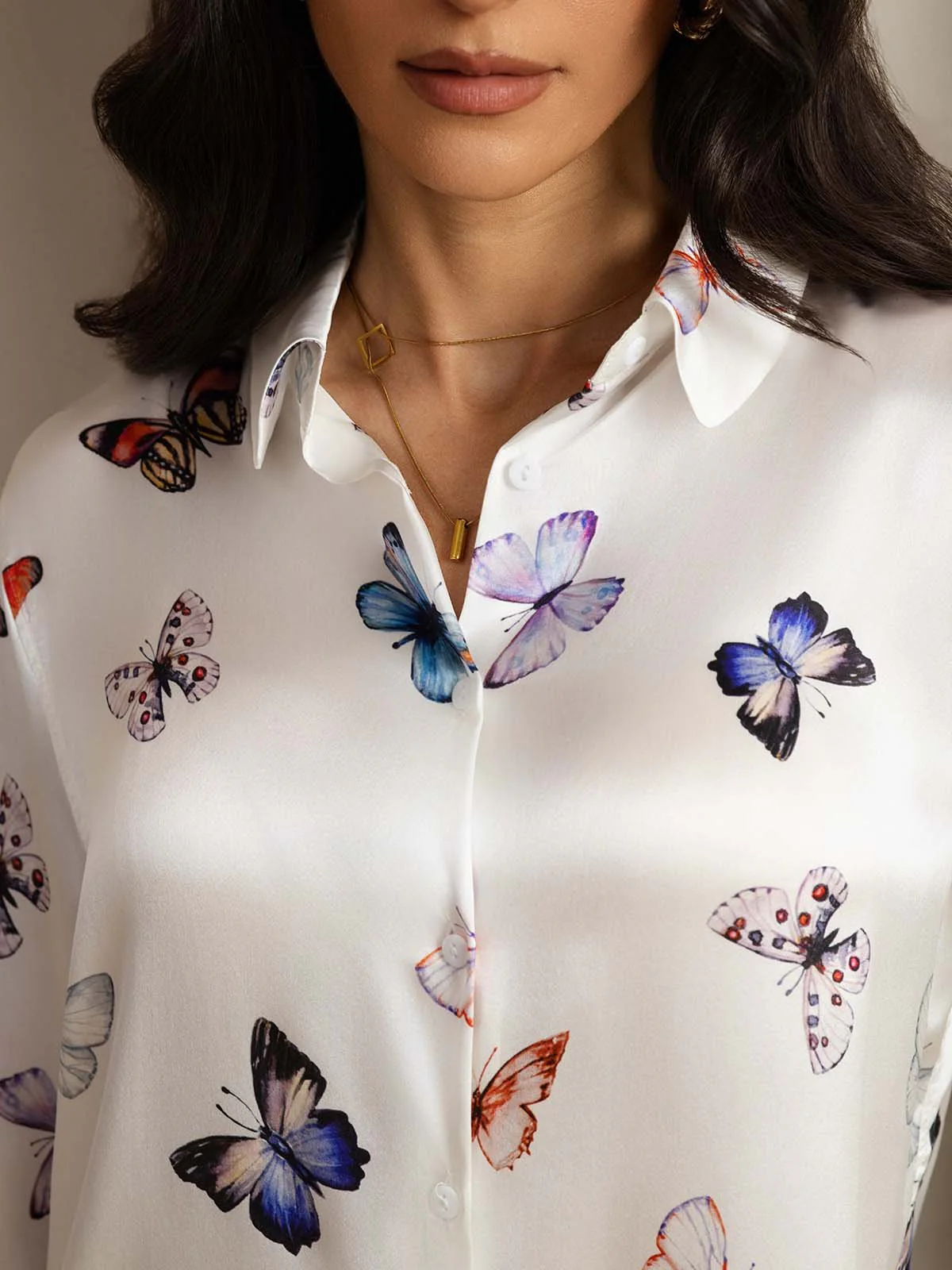 19Momme Women's Silk White Butterfly Print Button-Up Shirt & Wide-Leg Pants Set - Image 5