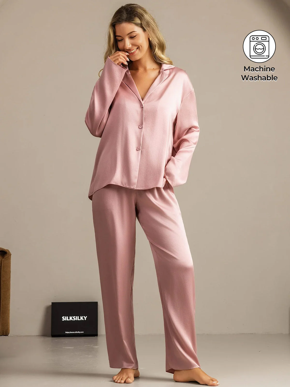 19Momme Washable Silk Long Sleeve Notch Collar Women's Pajamas Set - Image 11