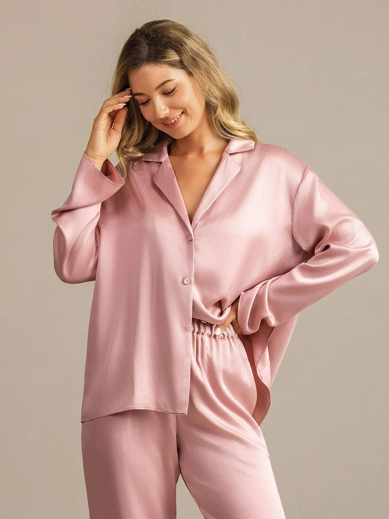 19Momme Washable Silk Long Sleeve Notch Collar Women's Pajamas Set - Image 19