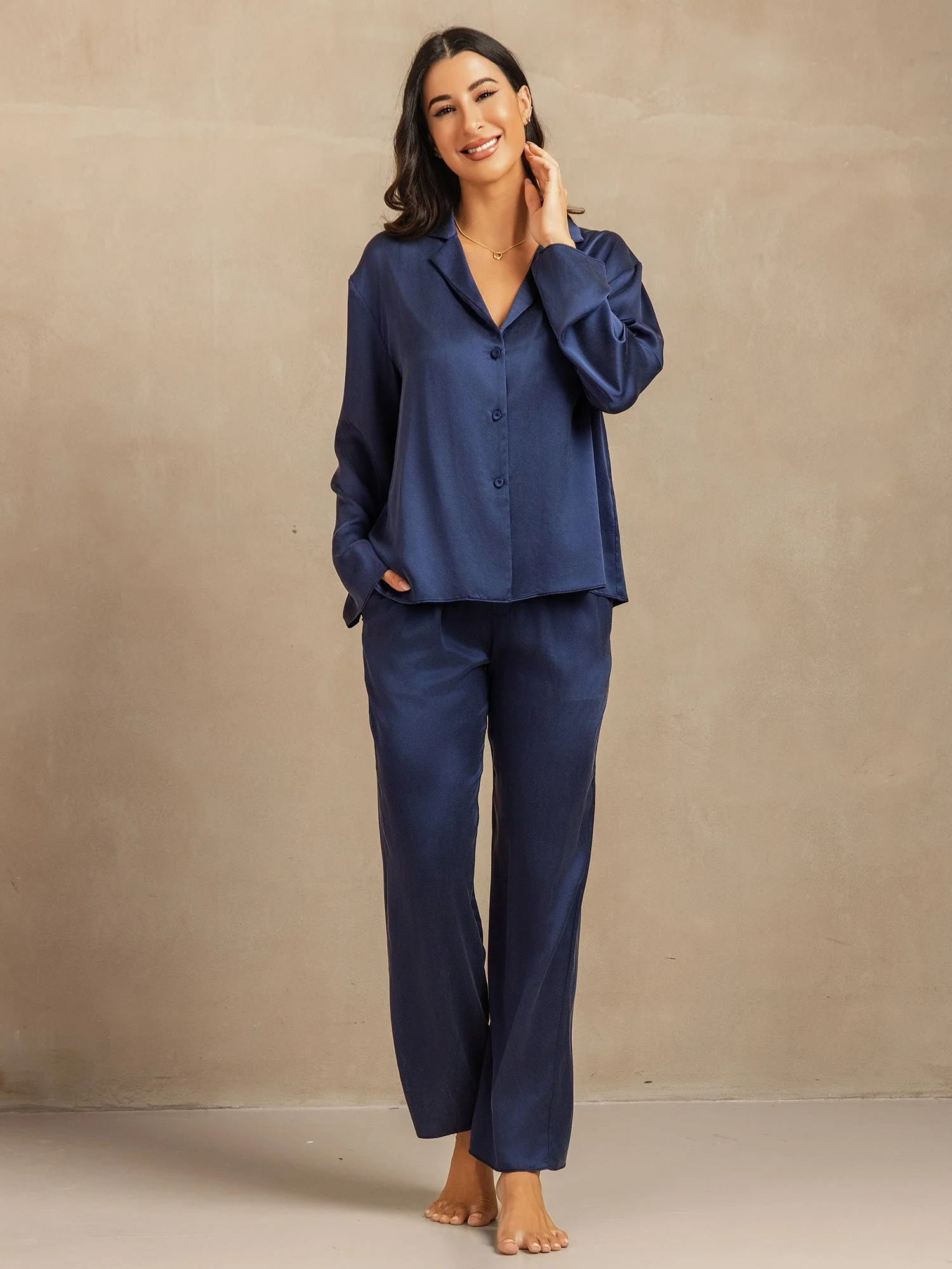 19Momme Washable Silk Long Sleeve Notch Collar Women's Pajamas Set - Image 23