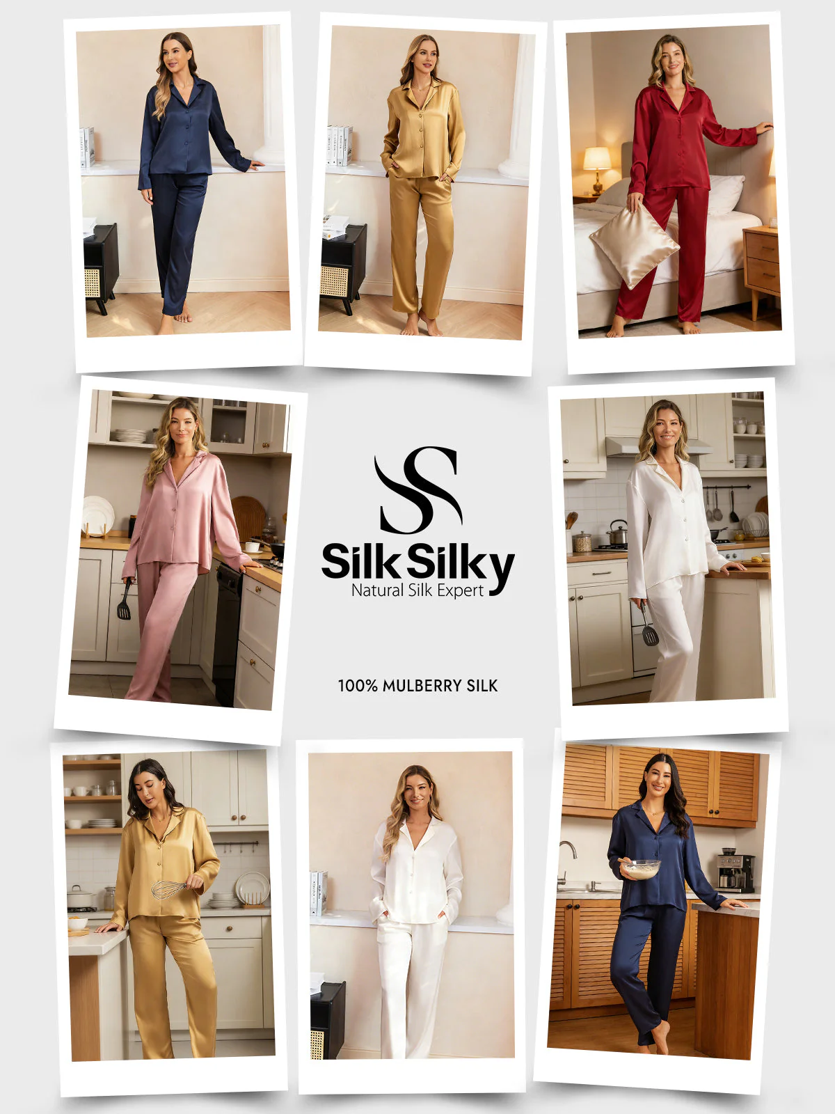 19Momme Washable Silk Long Sleeve Notch Collar Women's Pajamas Set - Image 37