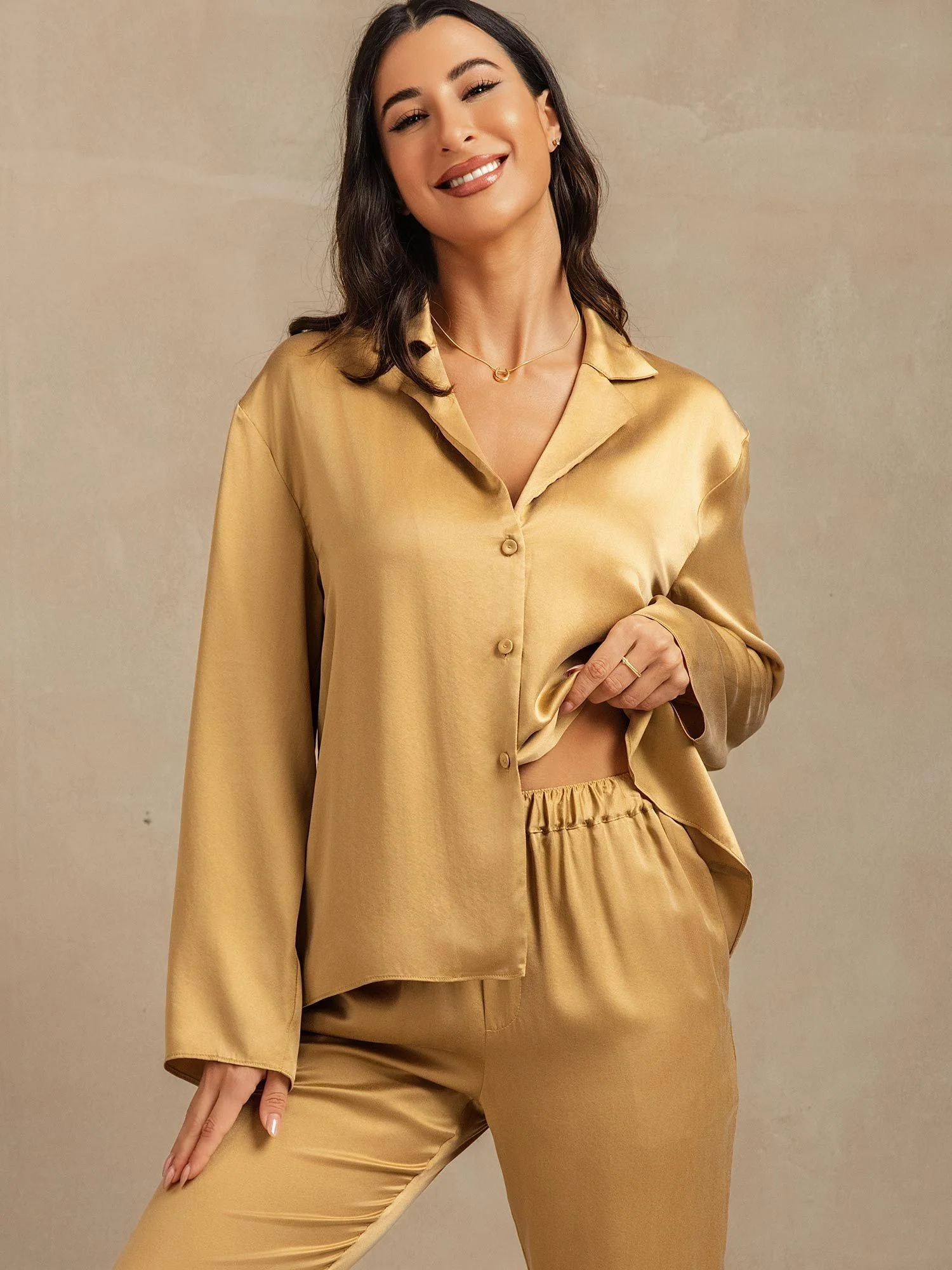 19Momme Washable Silk Long Sleeve Notch Collar Women's Pajamas Set - Image 39