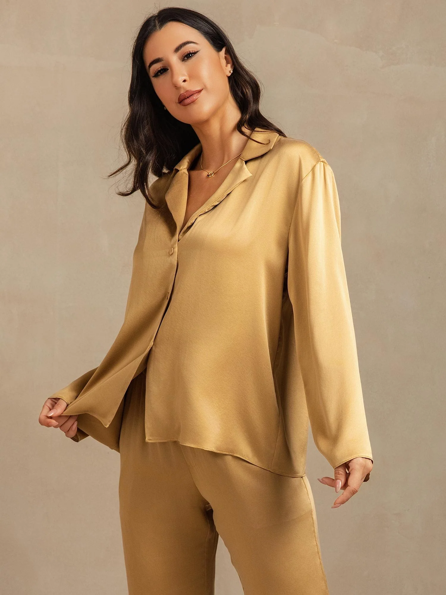 19Momme Washable Silk Long Sleeve Notch Collar Women's Pajamas Set - Image 40