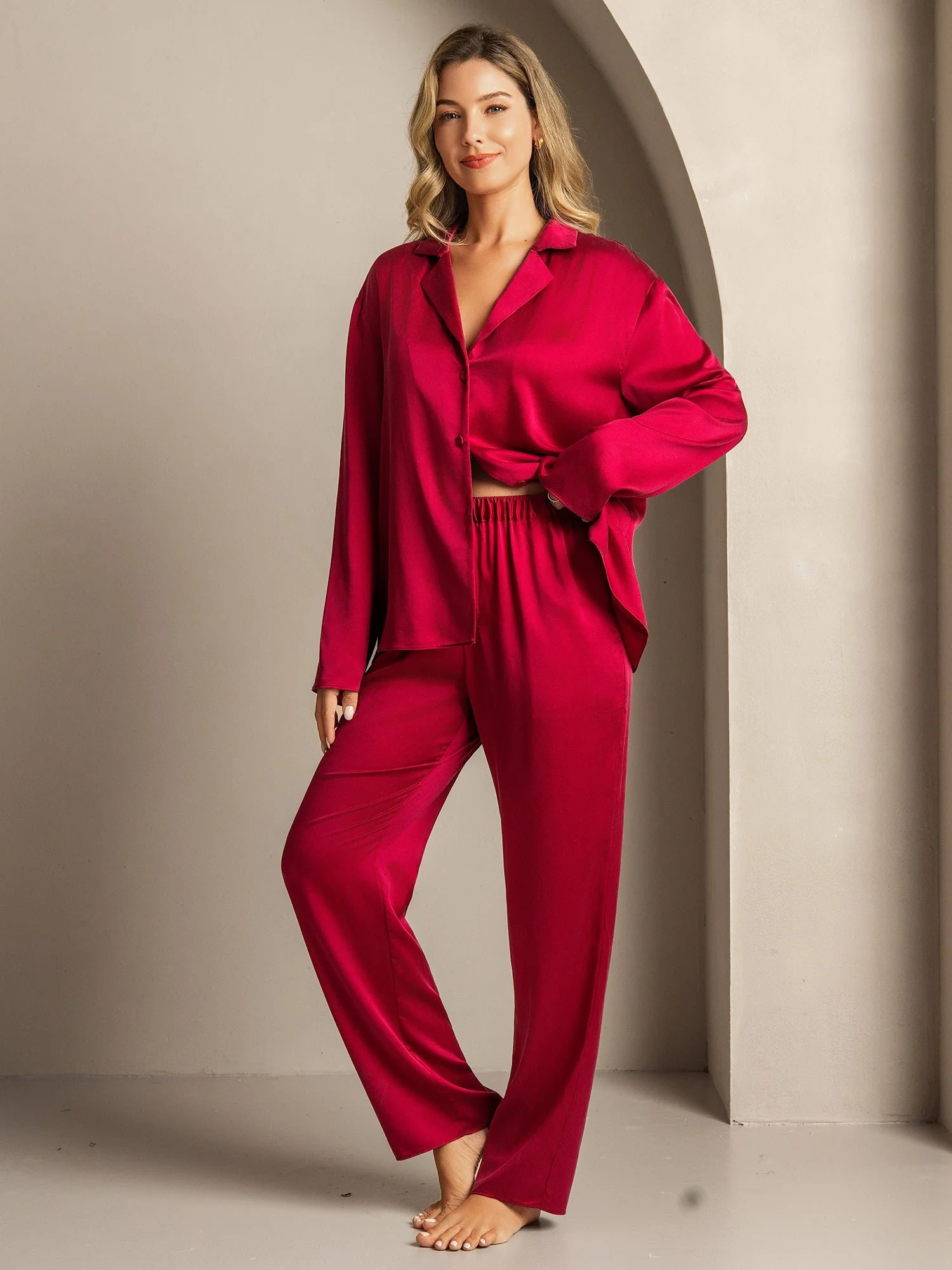 19Momme Washable Silk Long Sleeve Notch Collar Women's Pajamas Set - Image 46