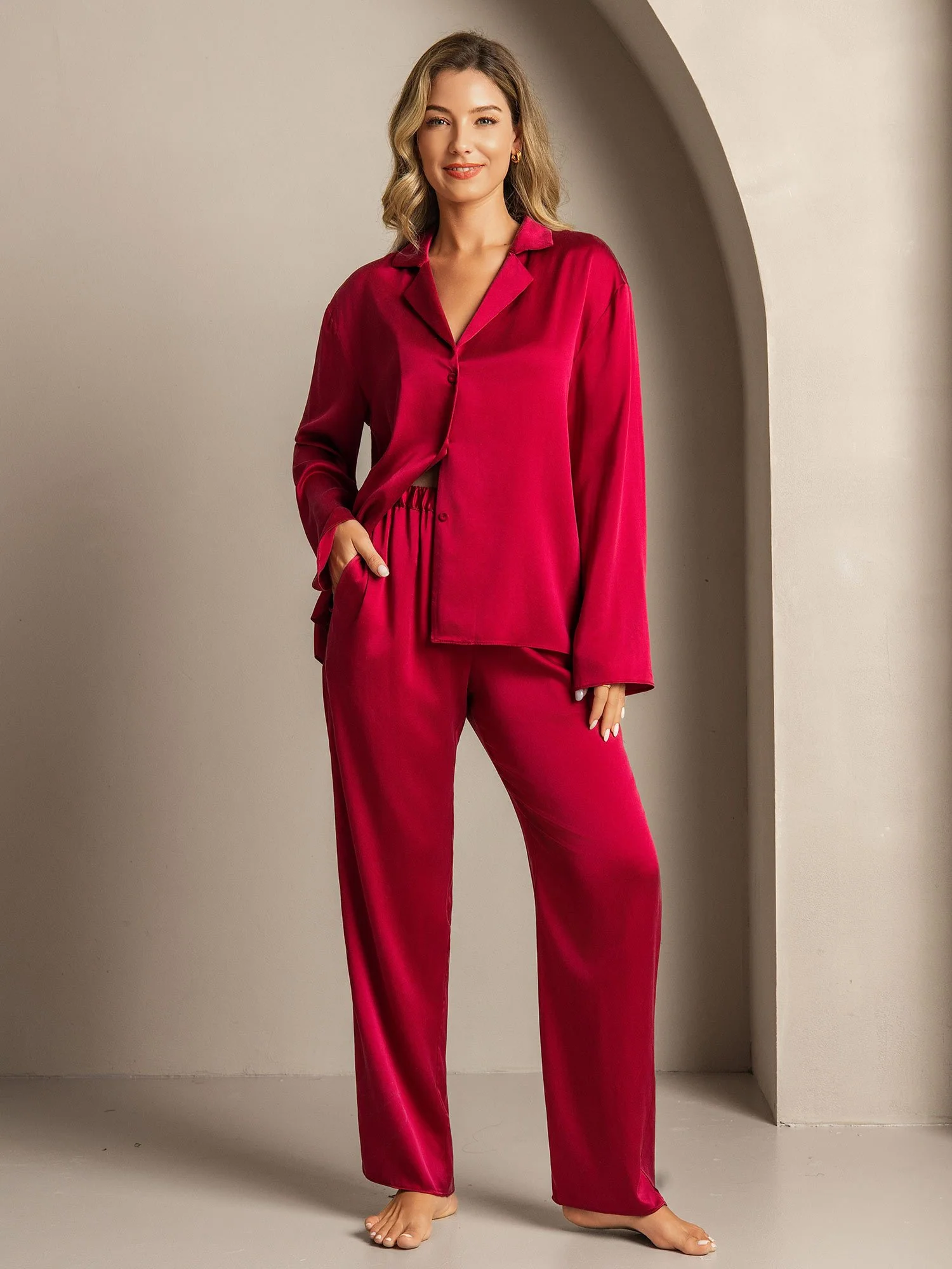 19Momme Washable Silk Long Sleeve Notch Collar Women's Pajamas Set - Image 47