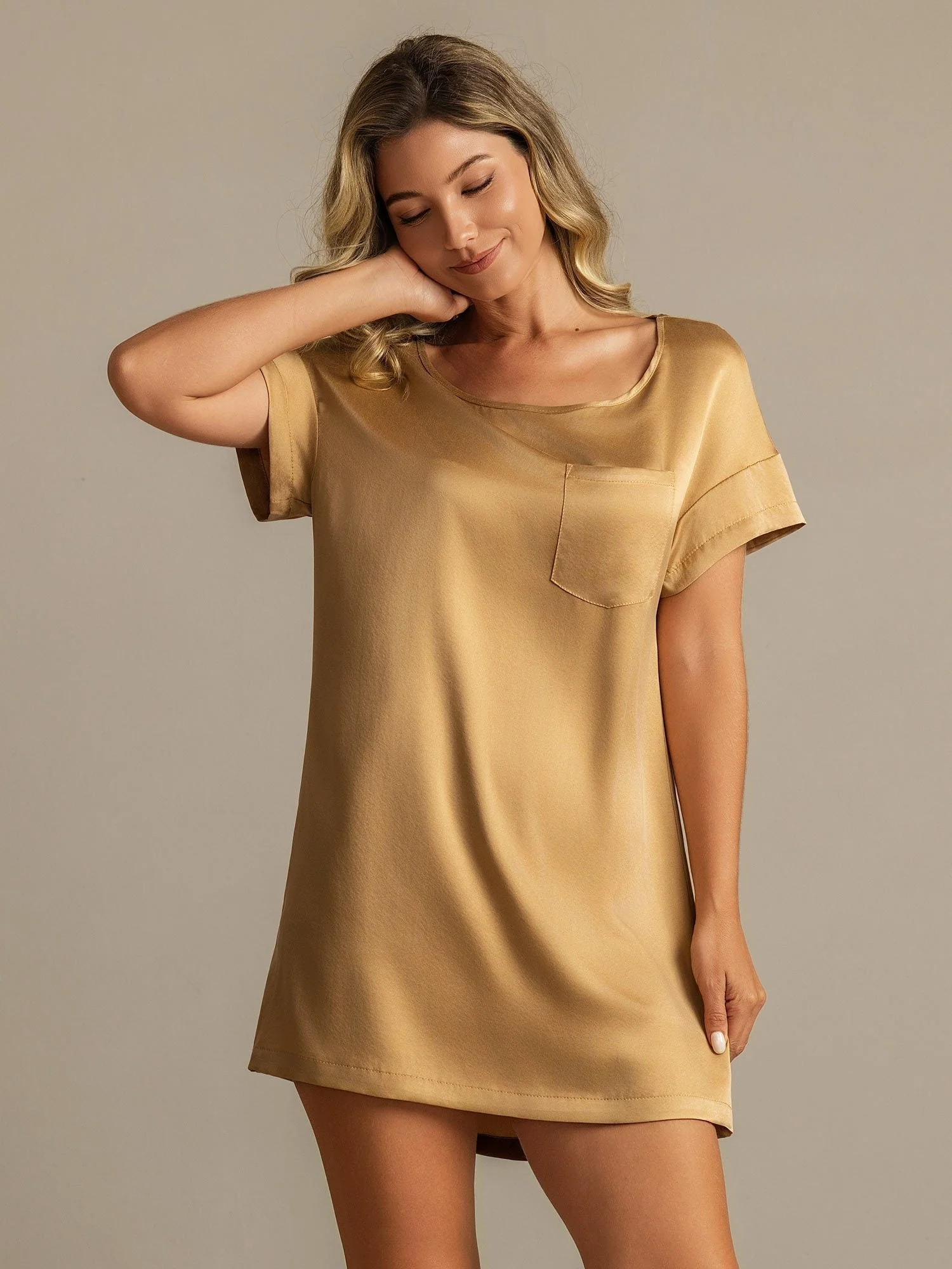 19Momme Washable Silk Short Sleeve Round Neck Short Nightgown - Image 13