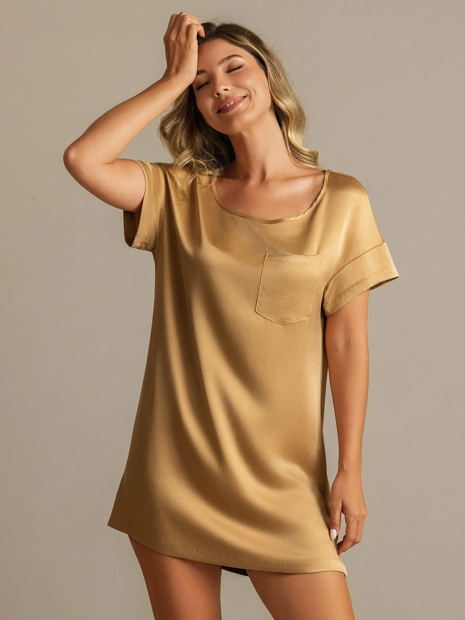 19Momme Washable Silk Short Sleeve Round Neck Short Nightgown - Image 14