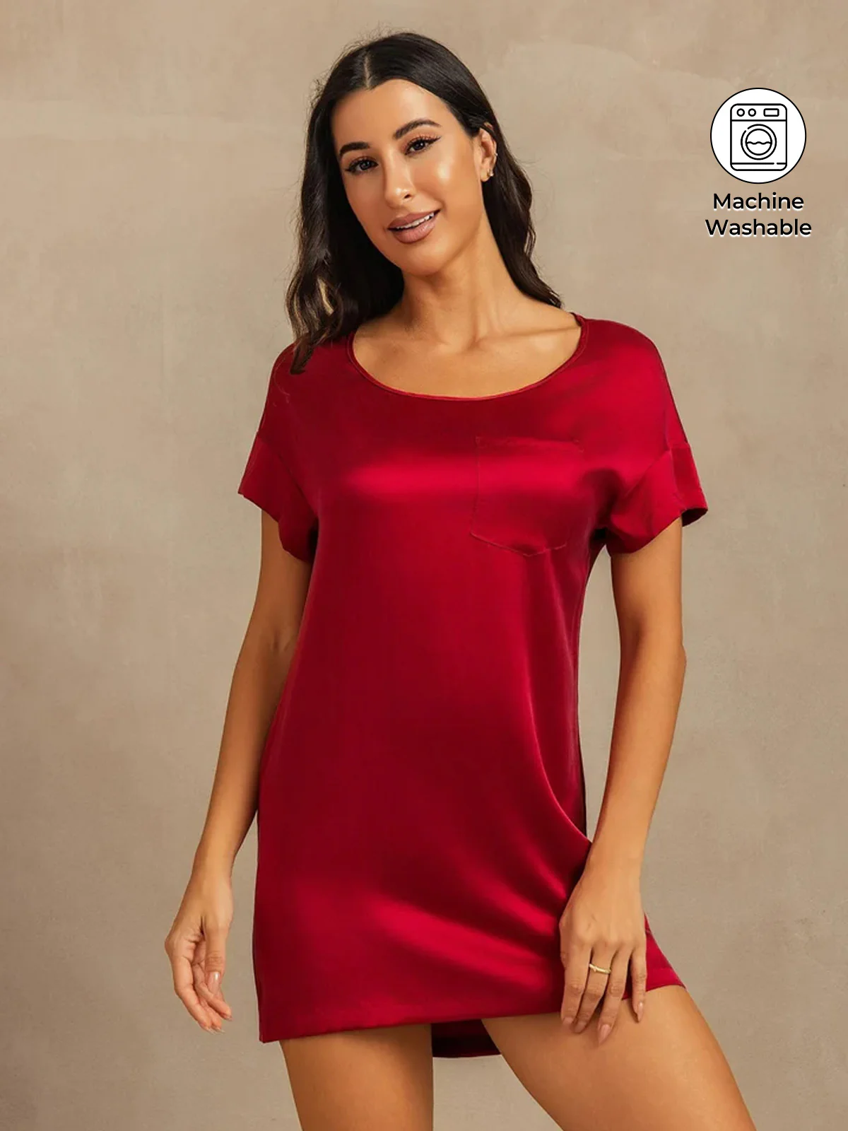 19Momme Washable Silk Short Sleeve Round Neck Short Nightgown - Image 23