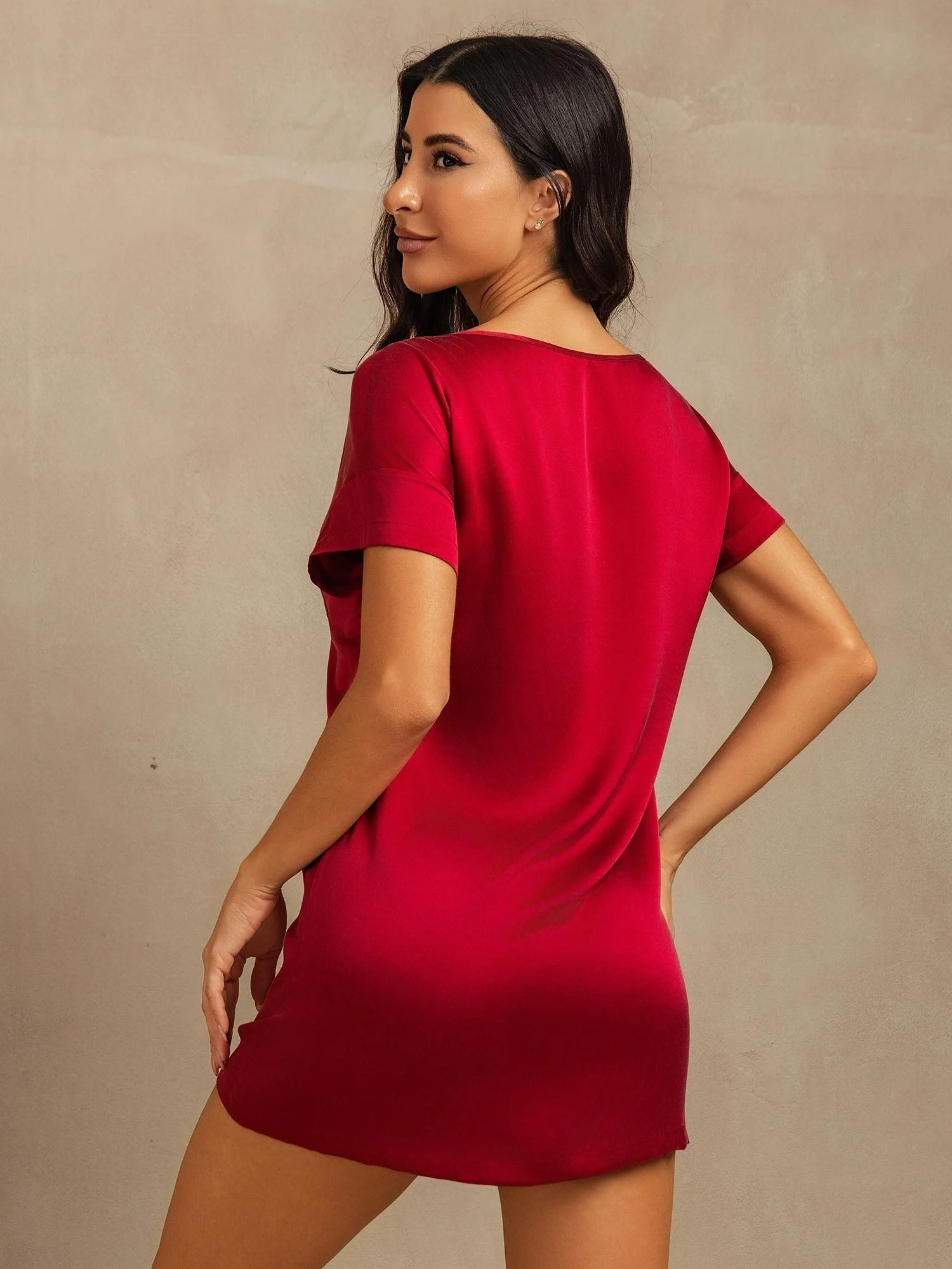 19Momme Washable Silk Short Sleeve Round Neck Short Nightgown - Image 24