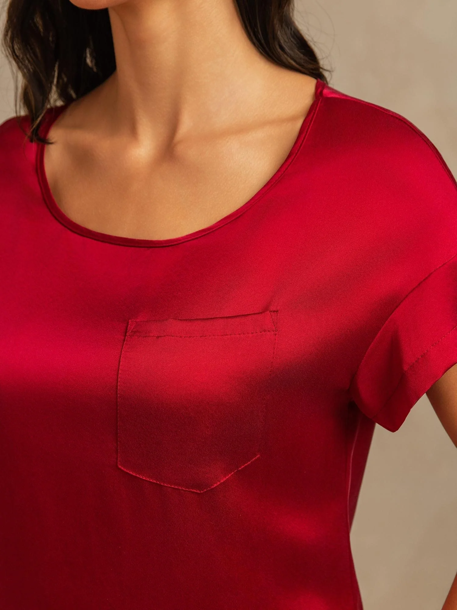19Momme Washable Silk Short Sleeve Round Neck Short Nightgown - Image 26