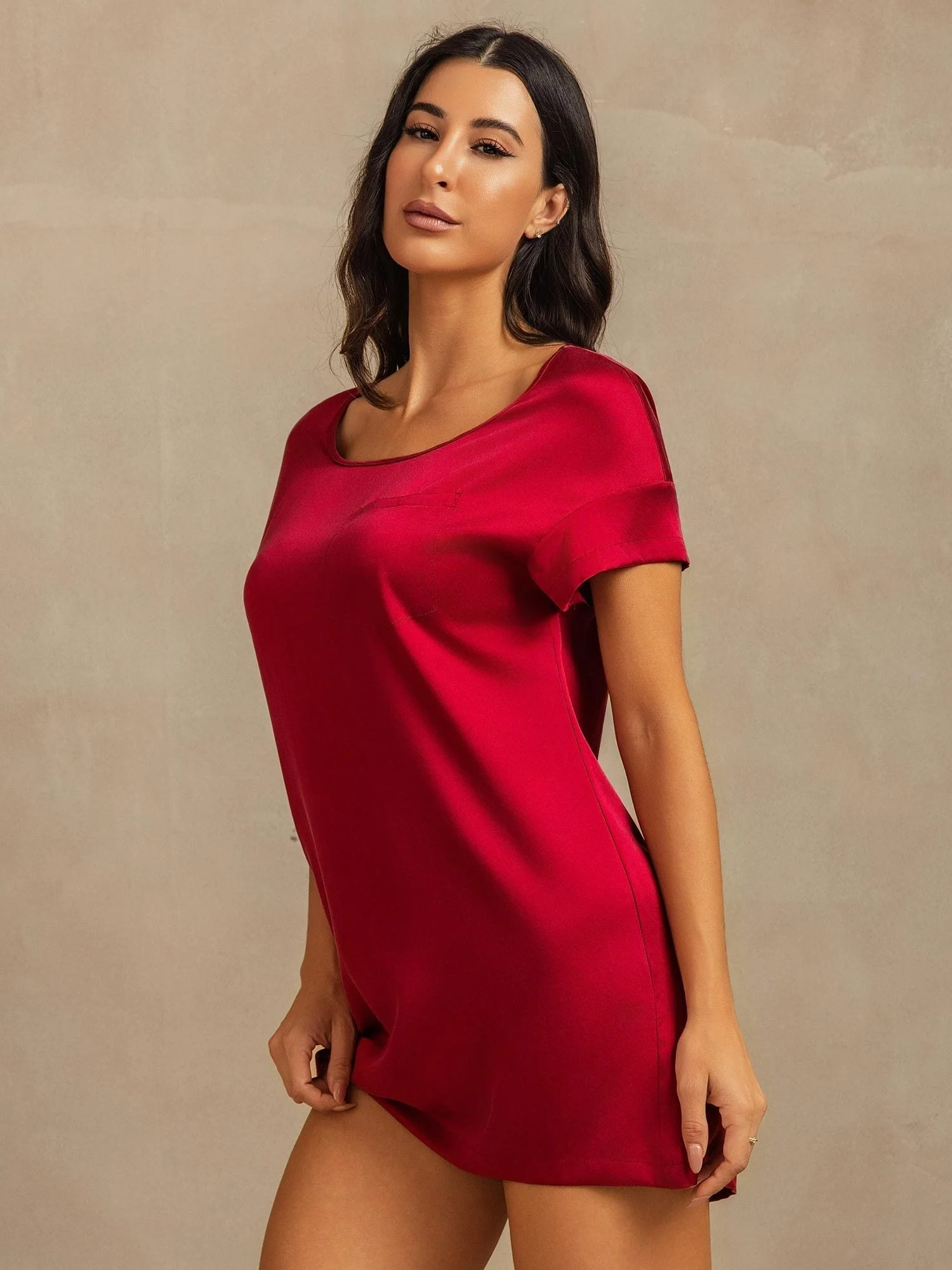 19Momme Washable Silk Short Sleeve Round Neck Short Nightgown - Image 29