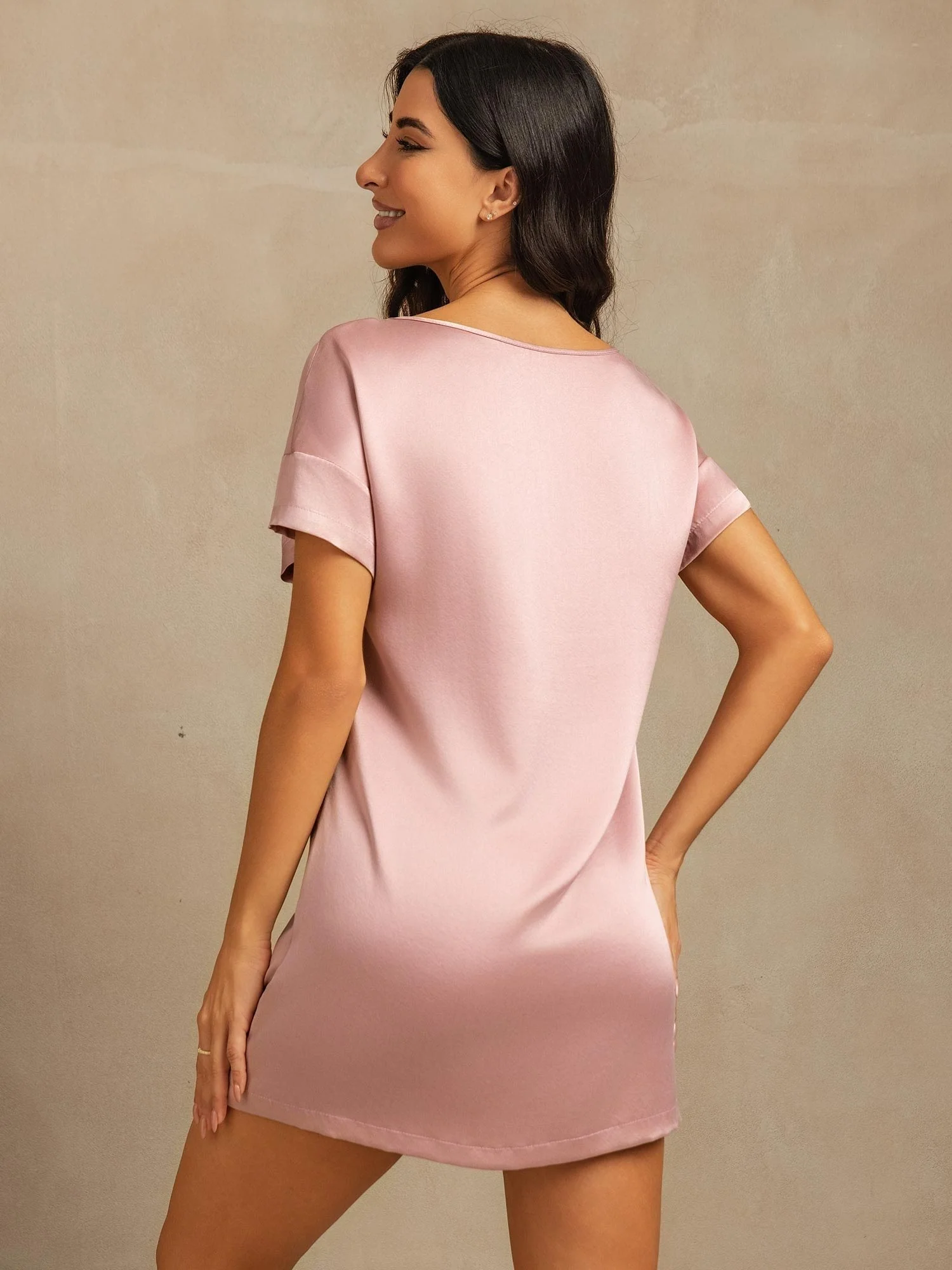 19Momme Washable Silk Short Sleeve Round Neck Short Nightgown - Image 31