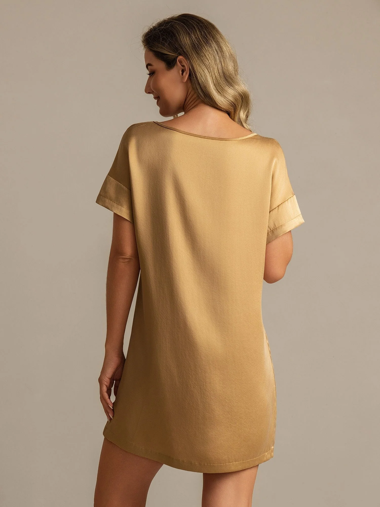 19Momme Washable Silk Short Sleeve Round Neck Short Nightgown - Image 9