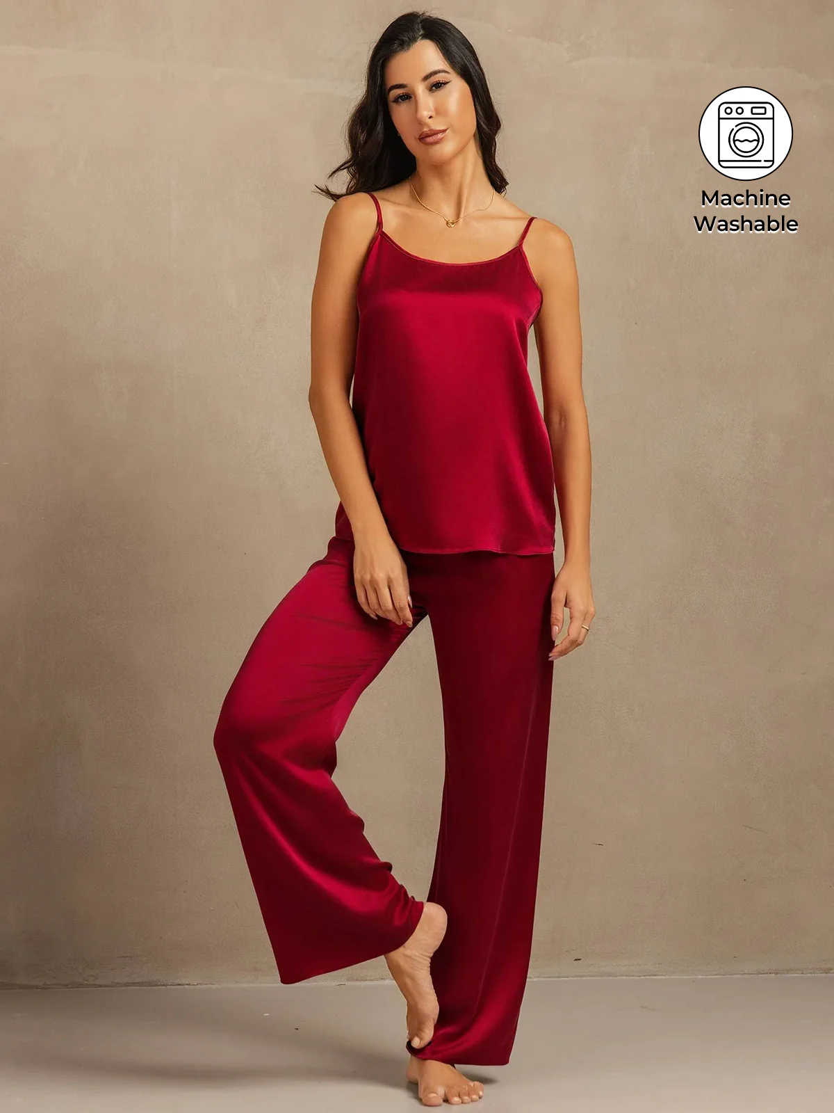 19Momme Washable Silk Spaghetti Strap Cami & Wide Leg Pants Set - Image 30