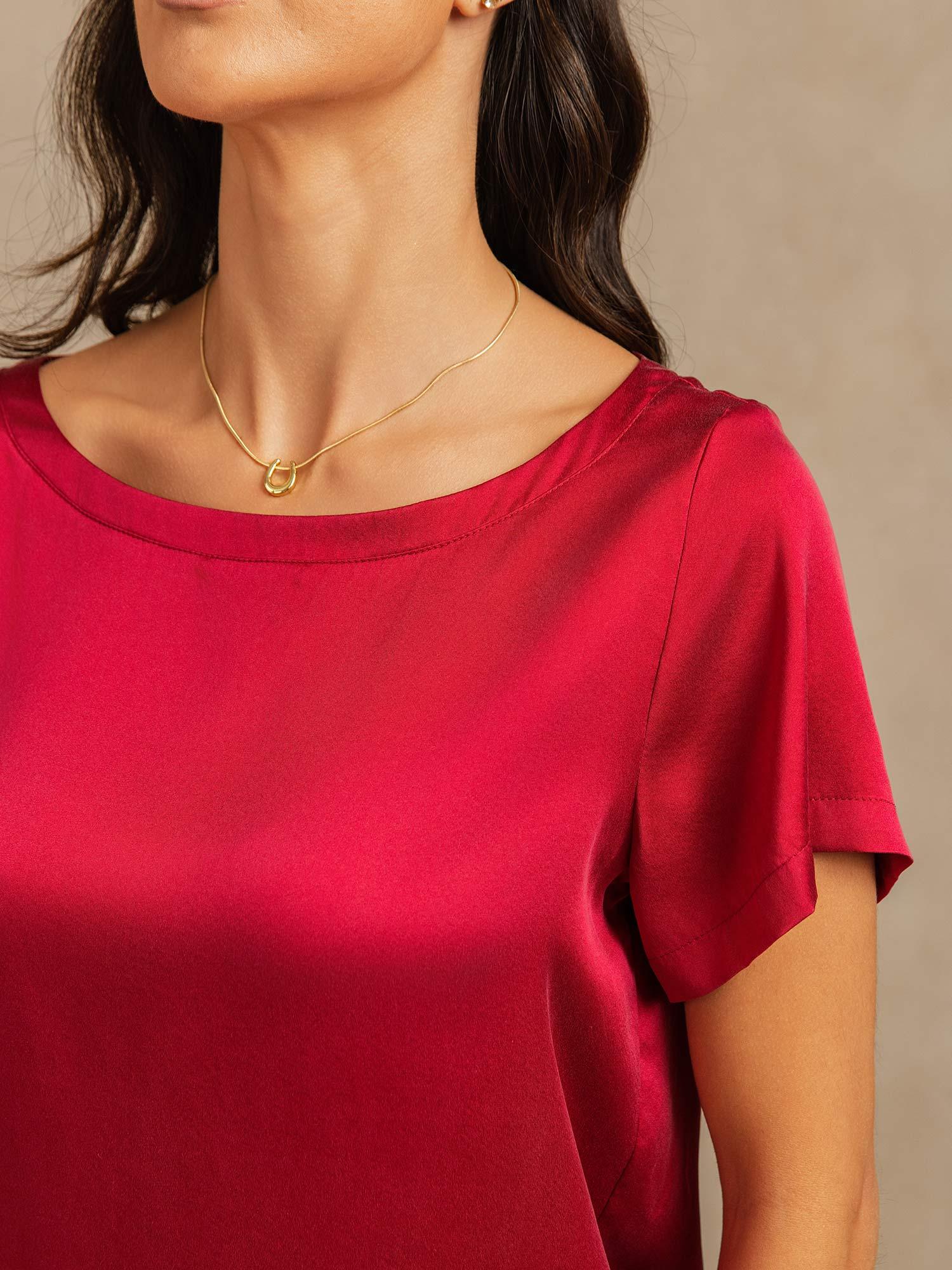 19Momme Women's Silk Short Sleeve Round Collar Pajamas Set with Side Pocket Design - Image 25