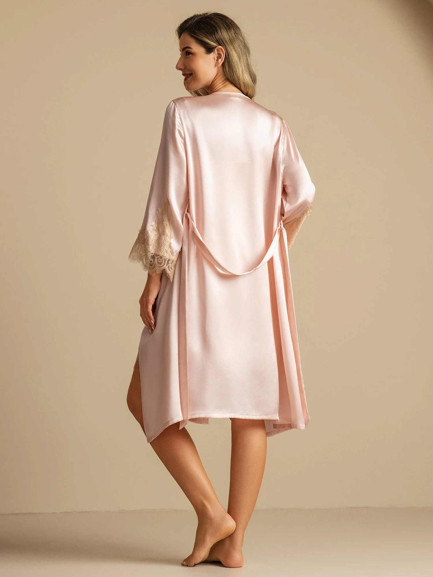 Pure Silk V Neck Short Nightgown&Robe Set with Lace Design - Image 12