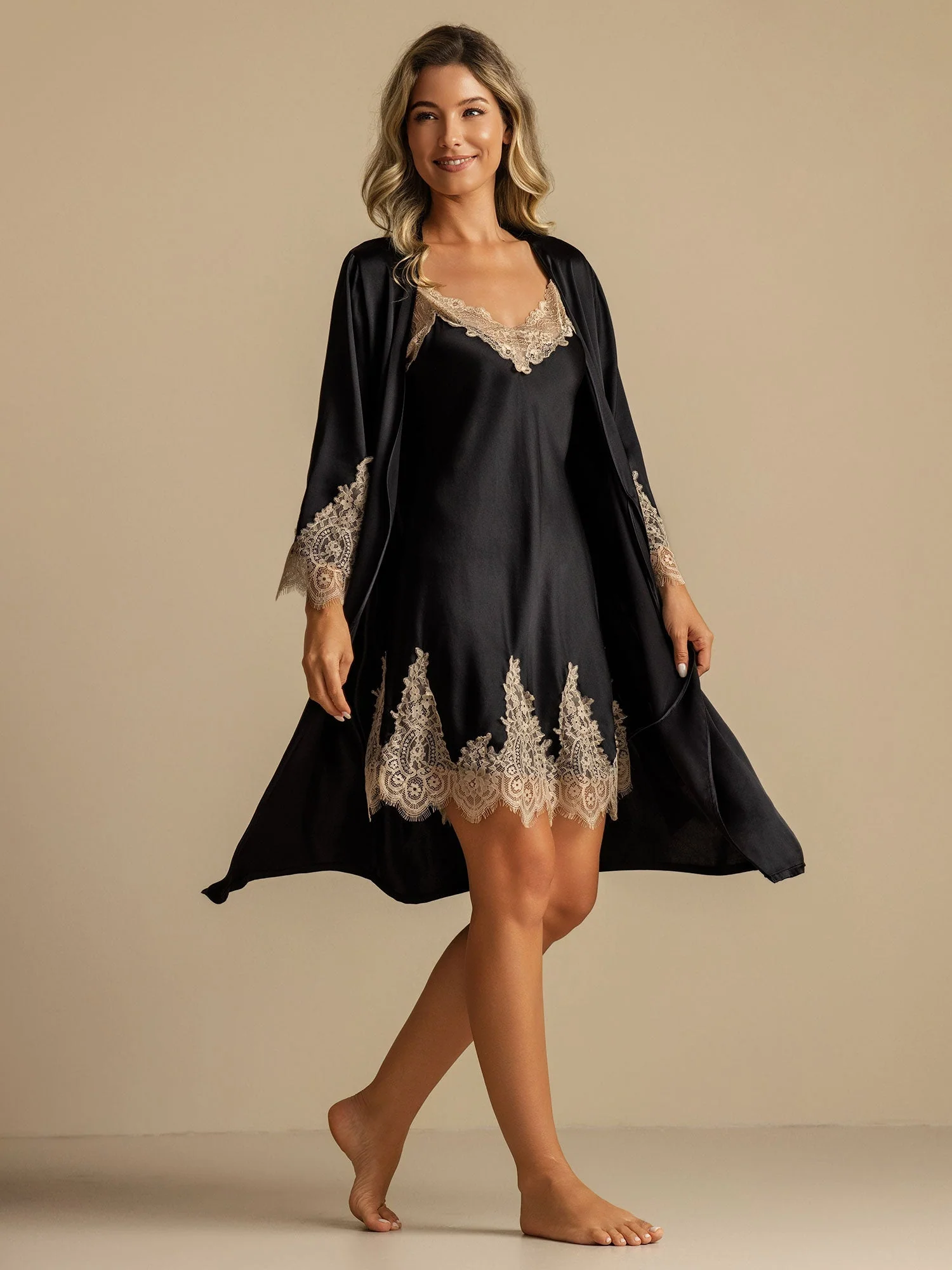 Pure Silk V Neck Short Nightgown&Robe Set with Lace Design - Image 20