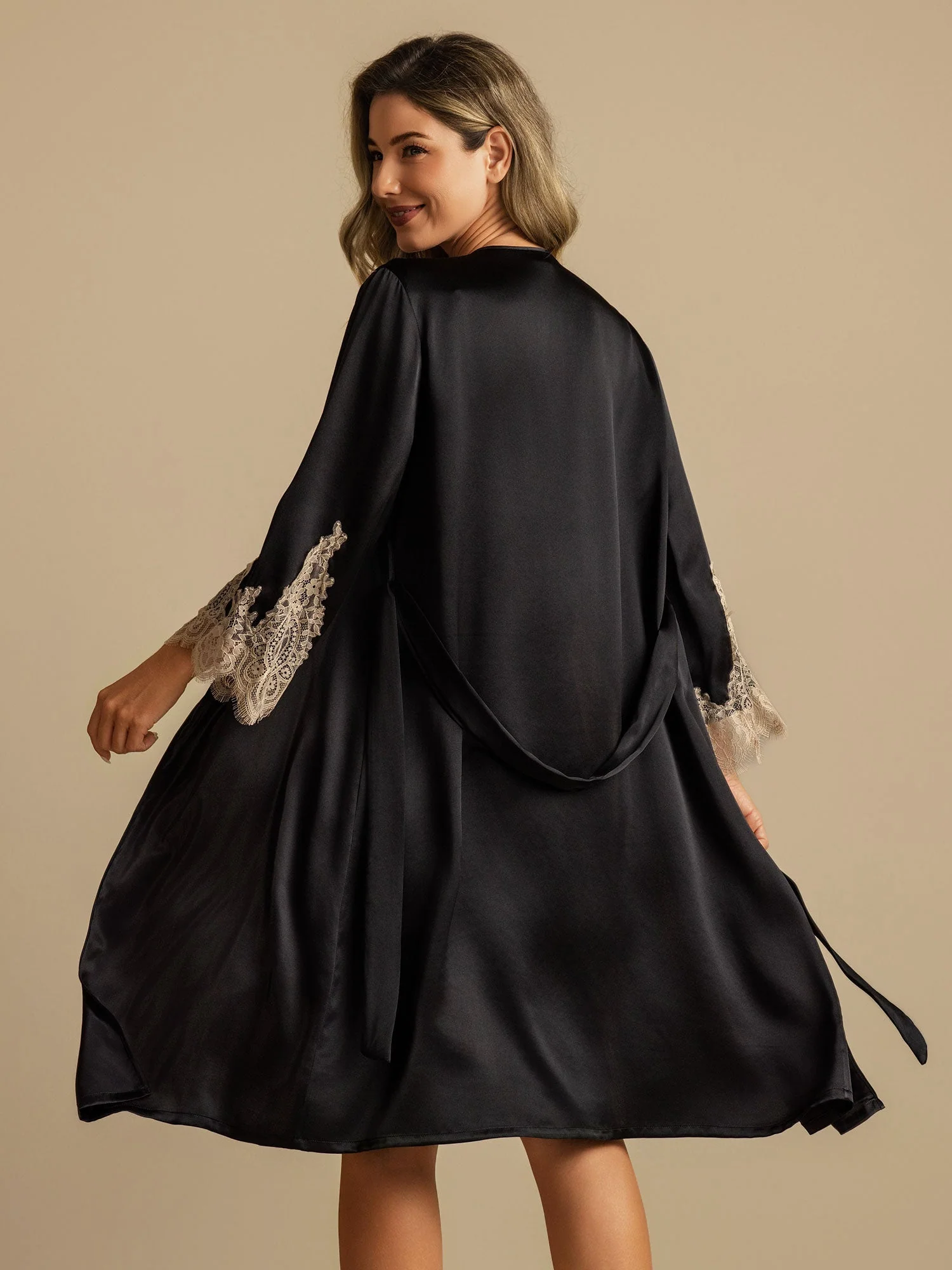 Pure Silk V Neck Short Nightgown&Robe Set with Lace Design - Image 21