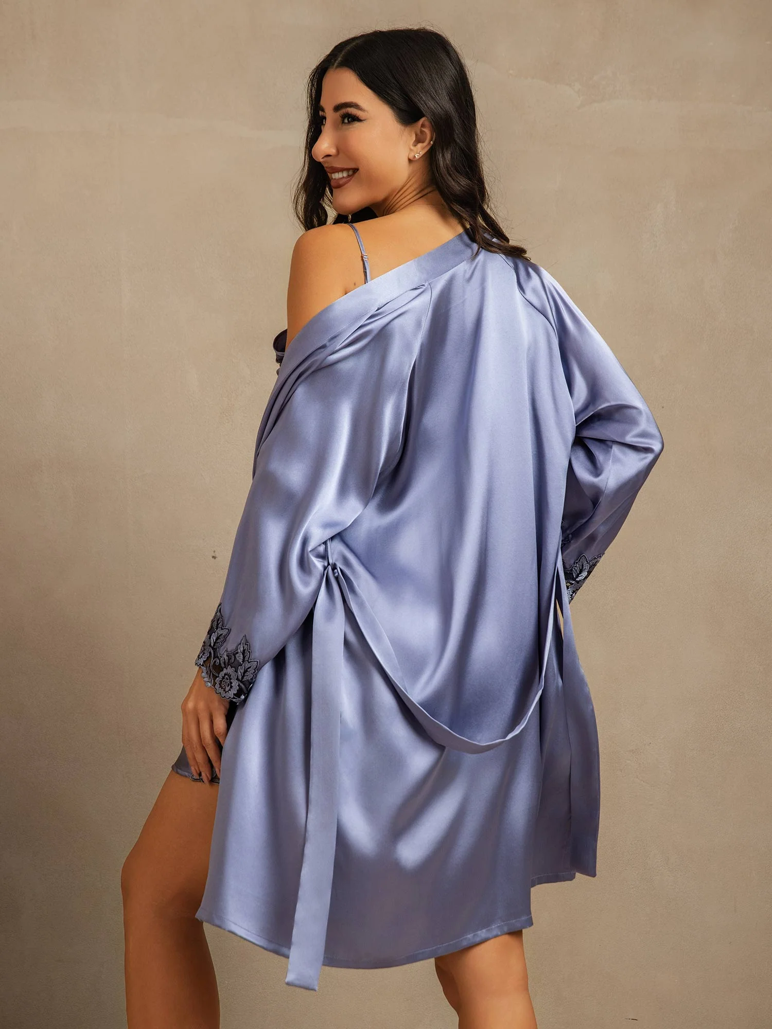 Pure Silk Spaghetti Strap Lace Nightgown & Robe Set - Image 36