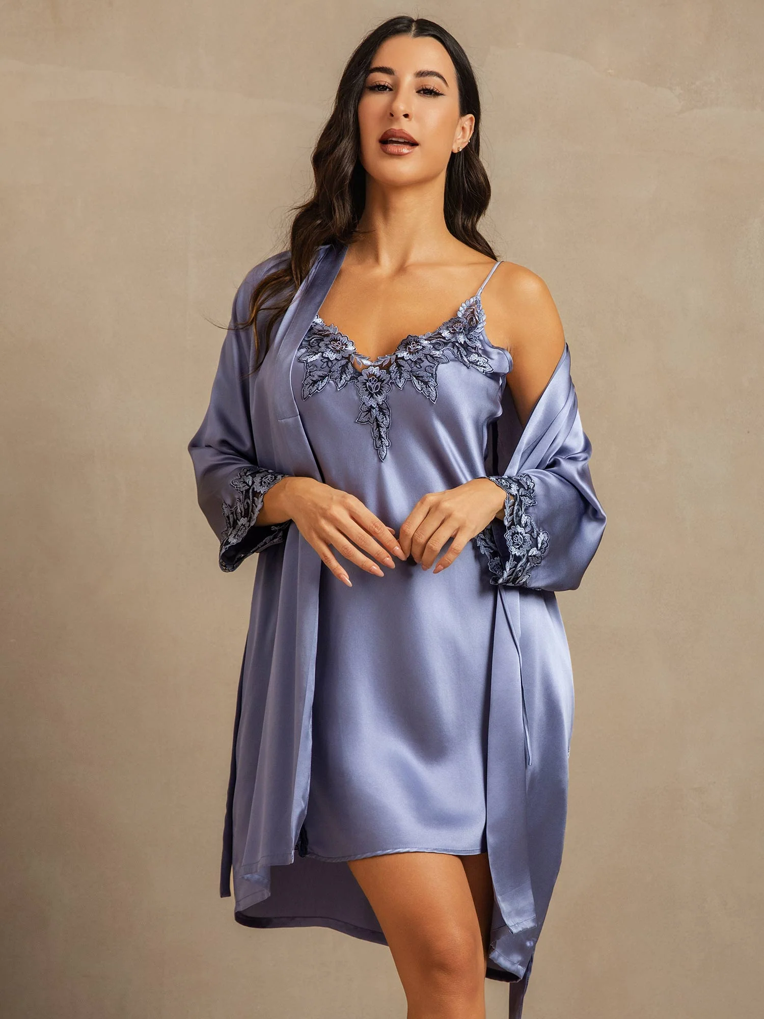Pure Silk Spaghetti Strap Lace Nightgown & Robe Set - Image 37