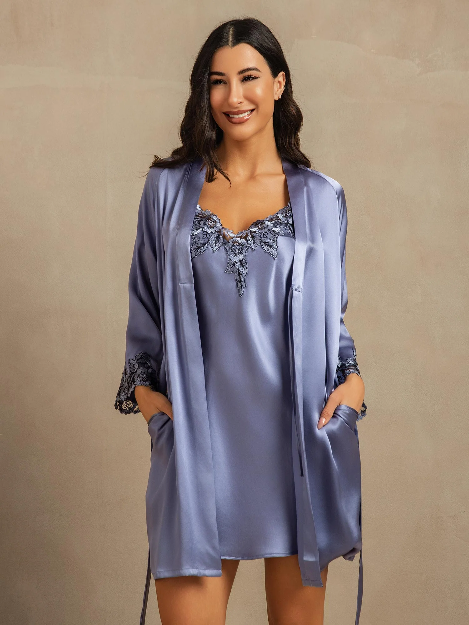 Pure Silk Spaghetti Strap Lace Nightgown & Robe Set - Image 41