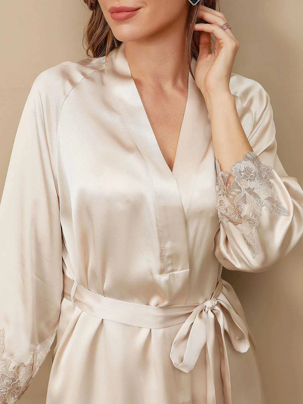Pure Silk Spaghetti Strap Lace Nightgown & Robe Set - Image 9