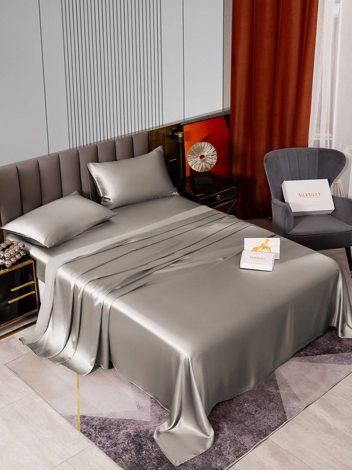 22Momme Silk 4Pcs Set Fitted&Flat Sheets+2x Pillowcases - Image 41