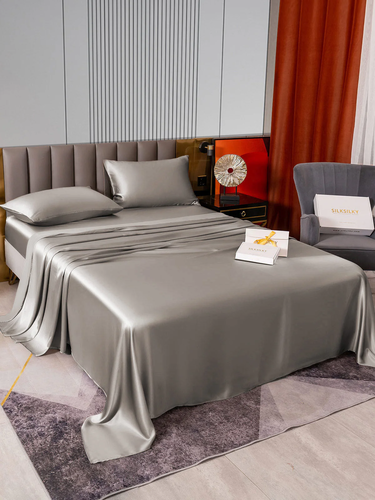 22Momme Silk 4Pcs Set Fitted&Flat Sheets+2x Pillowcases - Image 44