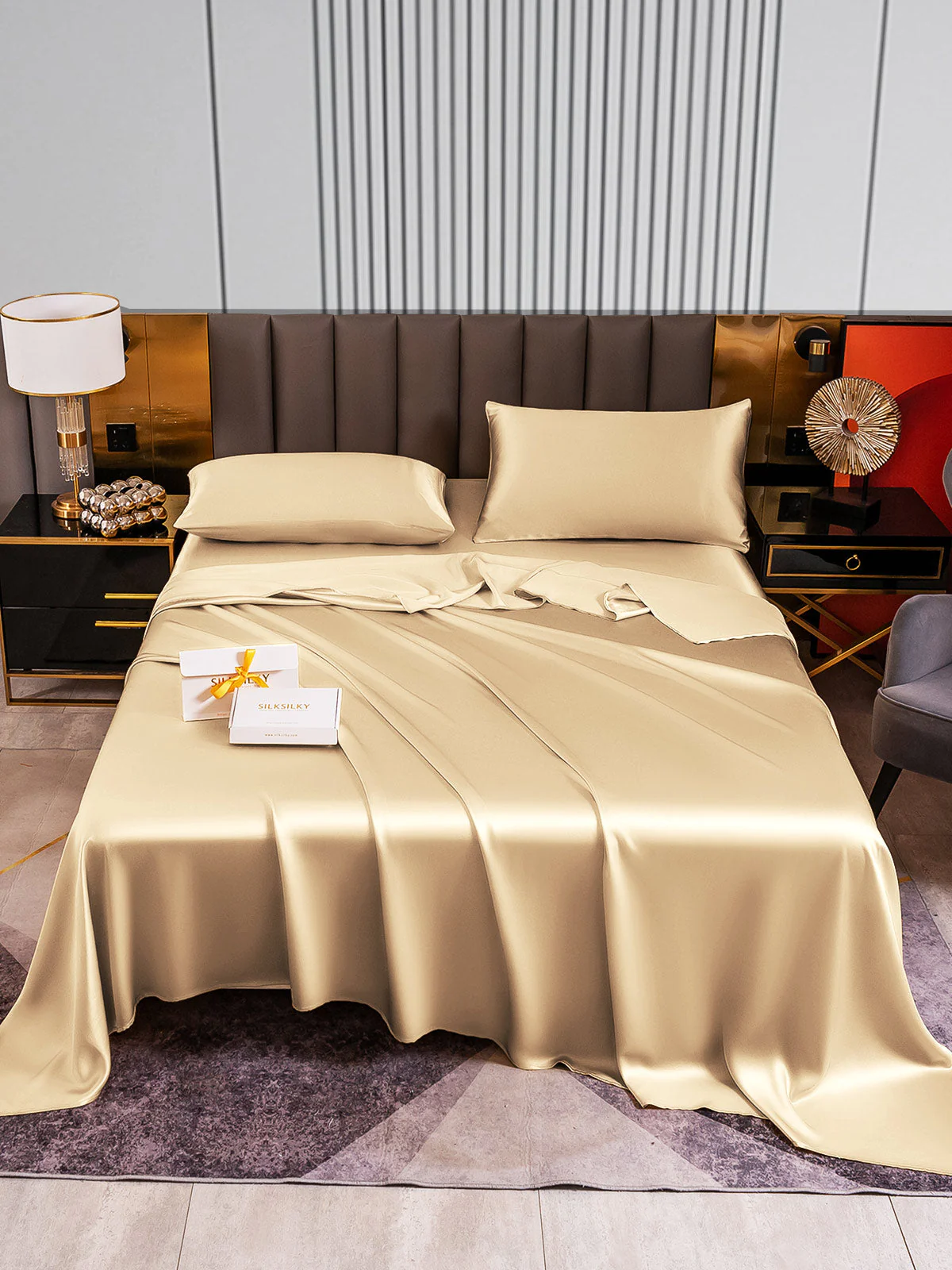22Momme Silk 4Pcs Set Fitted&Flat Sheets+2x Pillowcases - Image 58