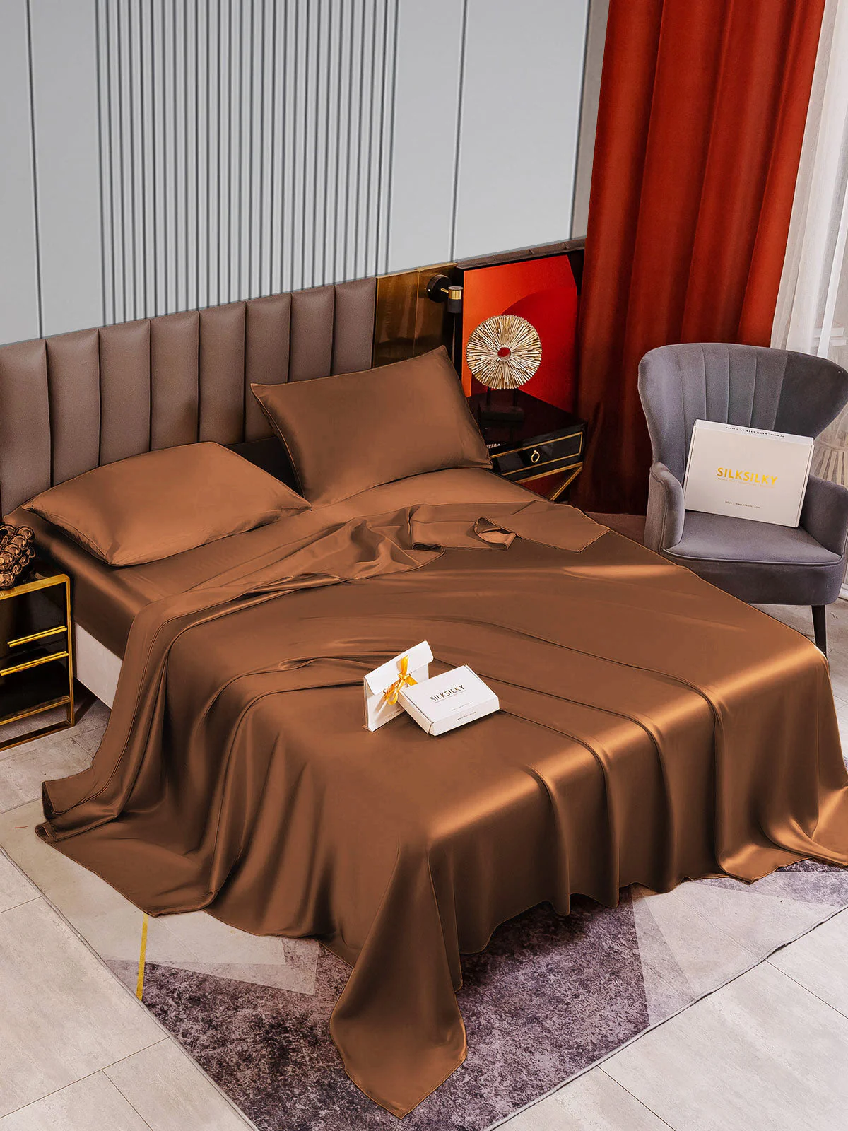22Momme Silk 4Pcs Set Fitted&Flat Sheets+2x Pillowcases - Image 65