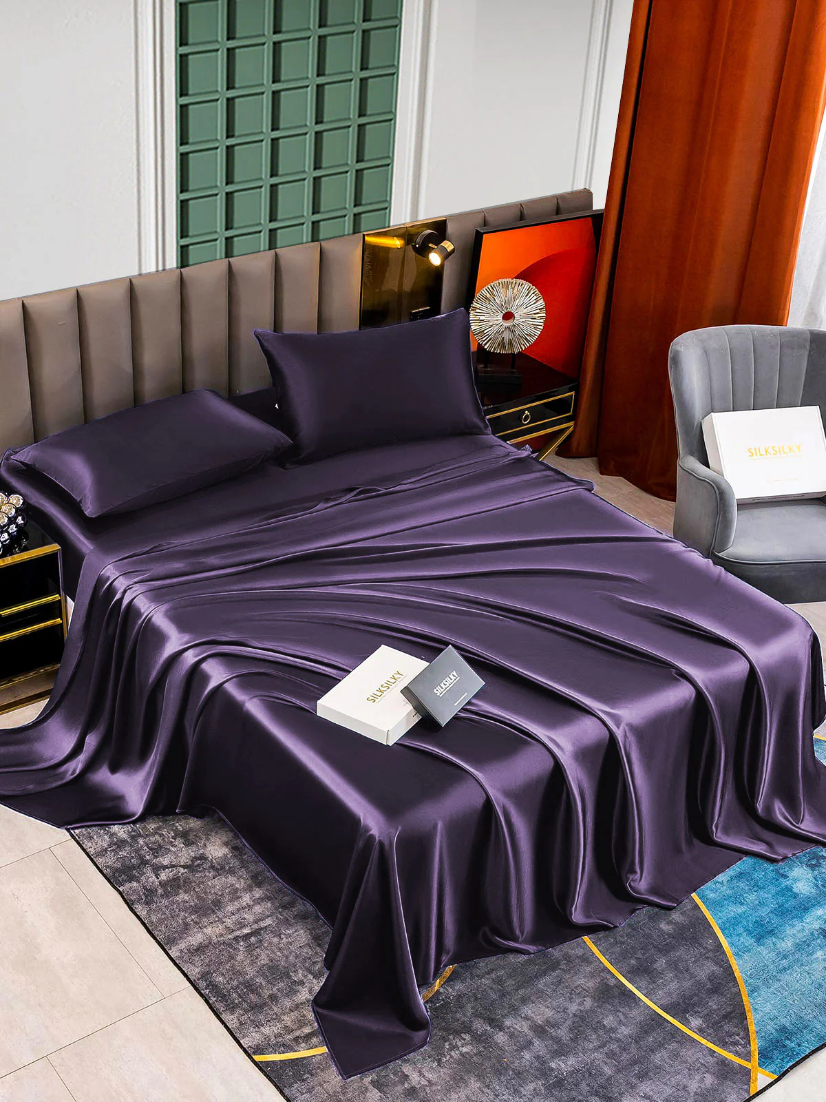 22Momme Silk 4Pcs Set Fitted&Flat Sheets+2x Pillowcases - Image 75