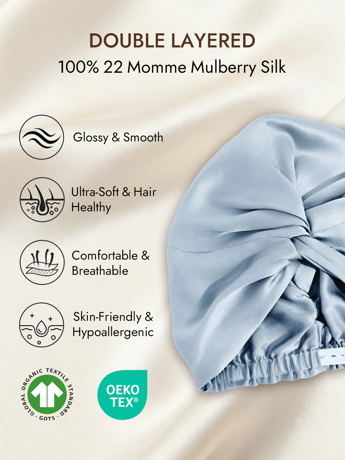 22Momme Pure Silk Knot-Front Hair Bonnet with Adjustable Button Design - Image 16