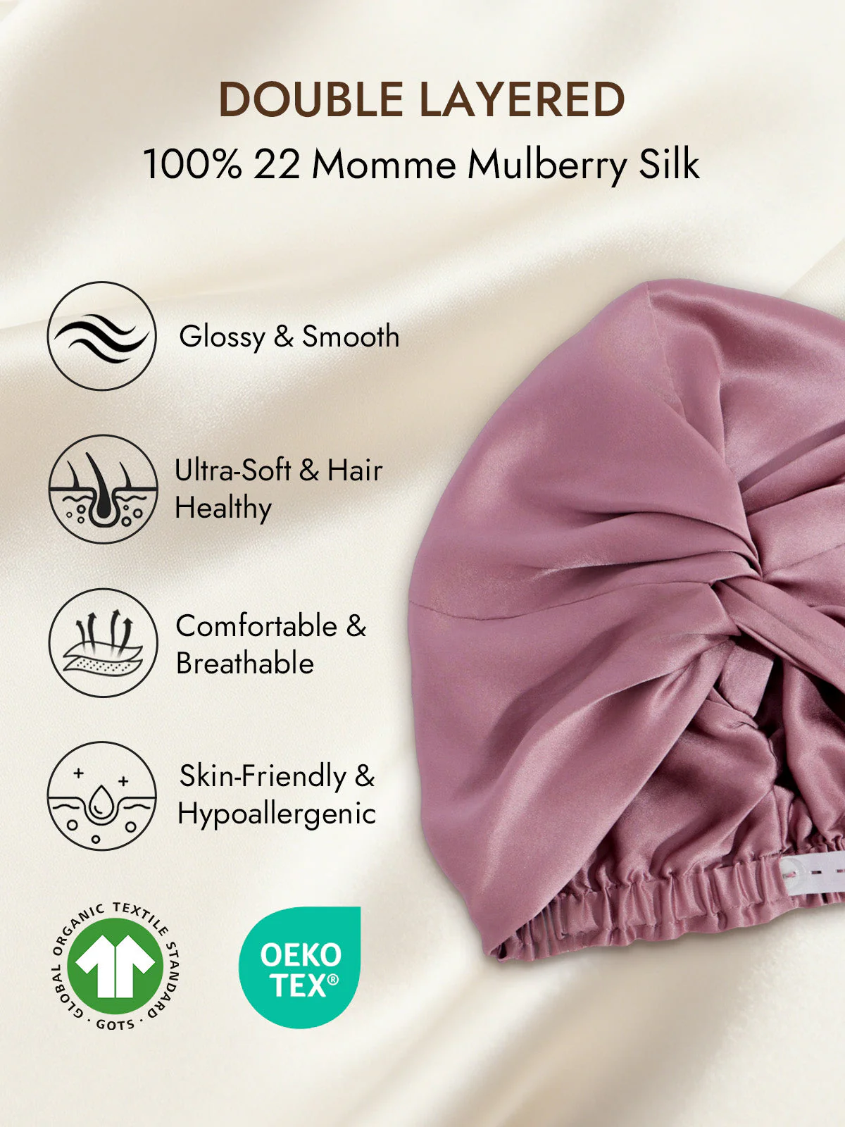 22Momme Pure Silk Knot-Front Hair Bonnet with Adjustable Button Design - Image 2