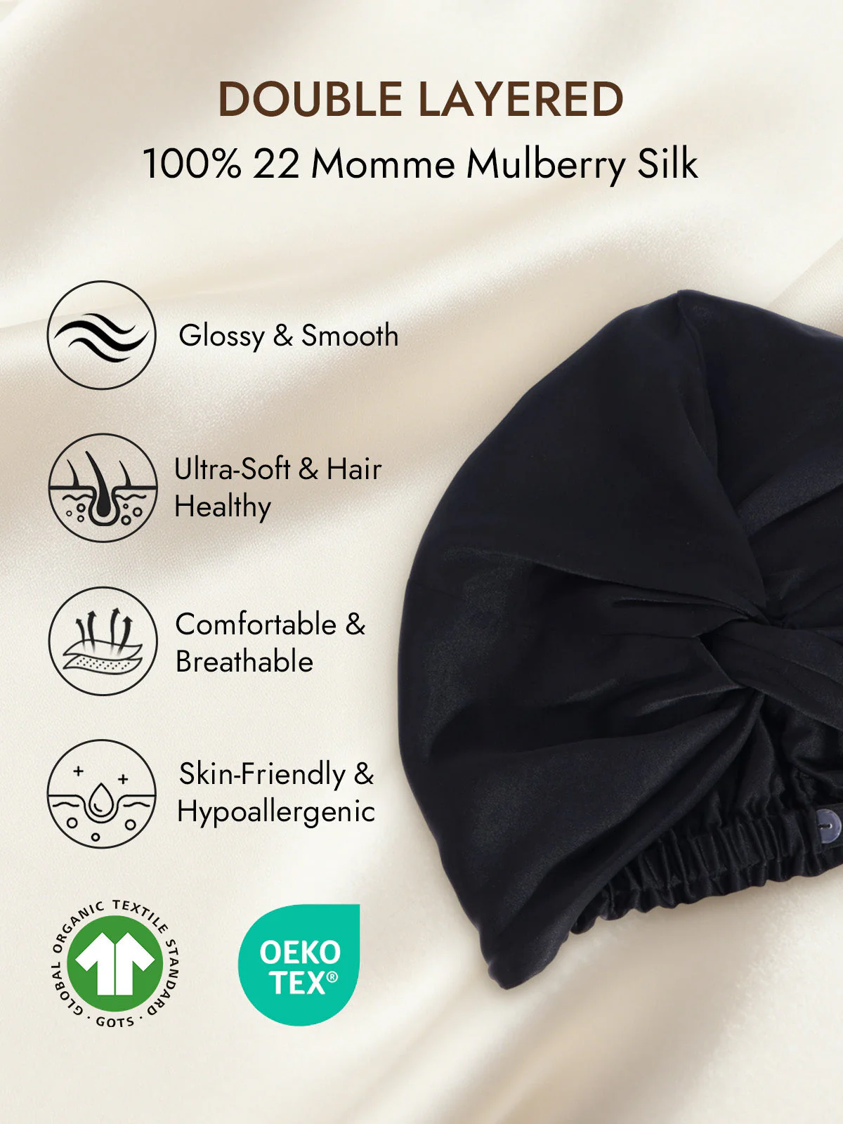 22Momme Pure Silk Knot-Front Hair Bonnet with Adjustable Button Design - Image 9