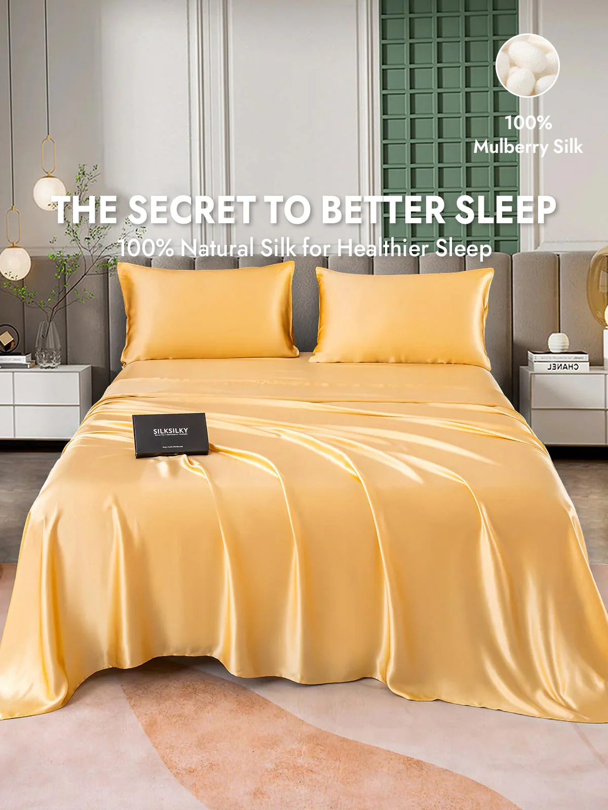 25Momme Silk 4Pcs Set Fitted&Flat Sheets+2x Pillowcases - Image 27