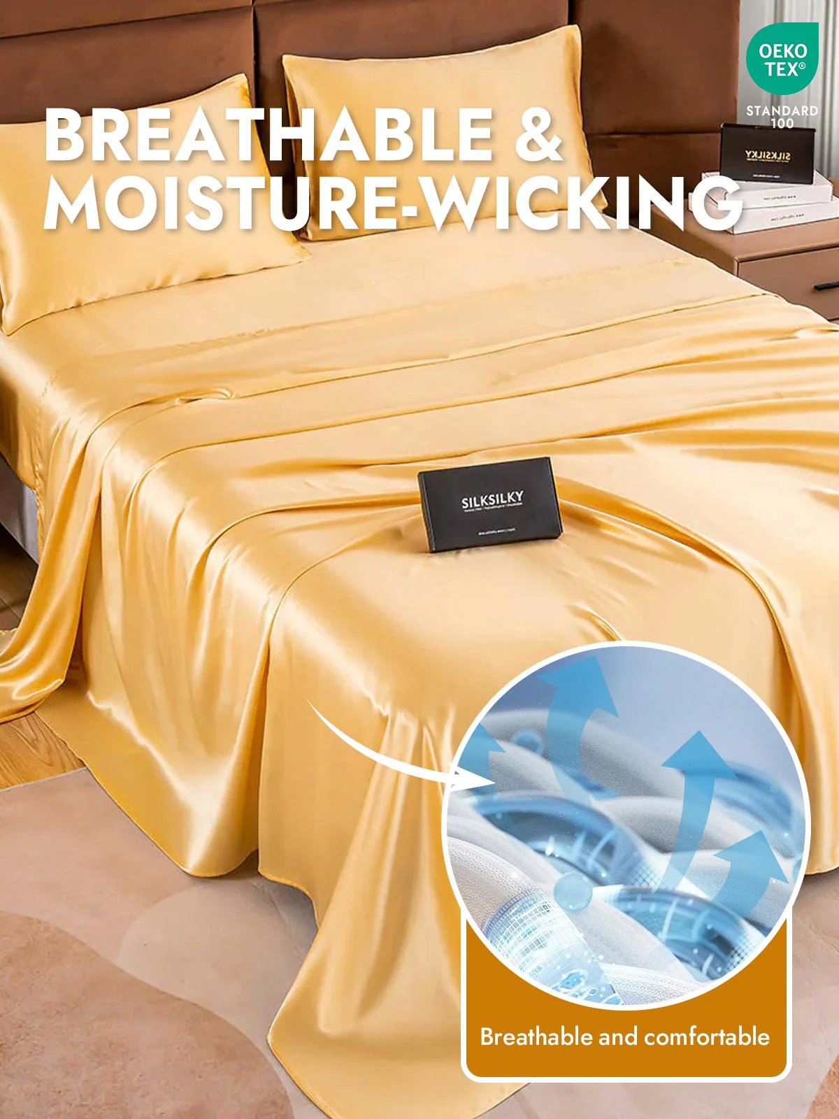 25Momme Silk 4Pcs Set Fitted&Flat Sheets+2x Pillowcases - Image 29